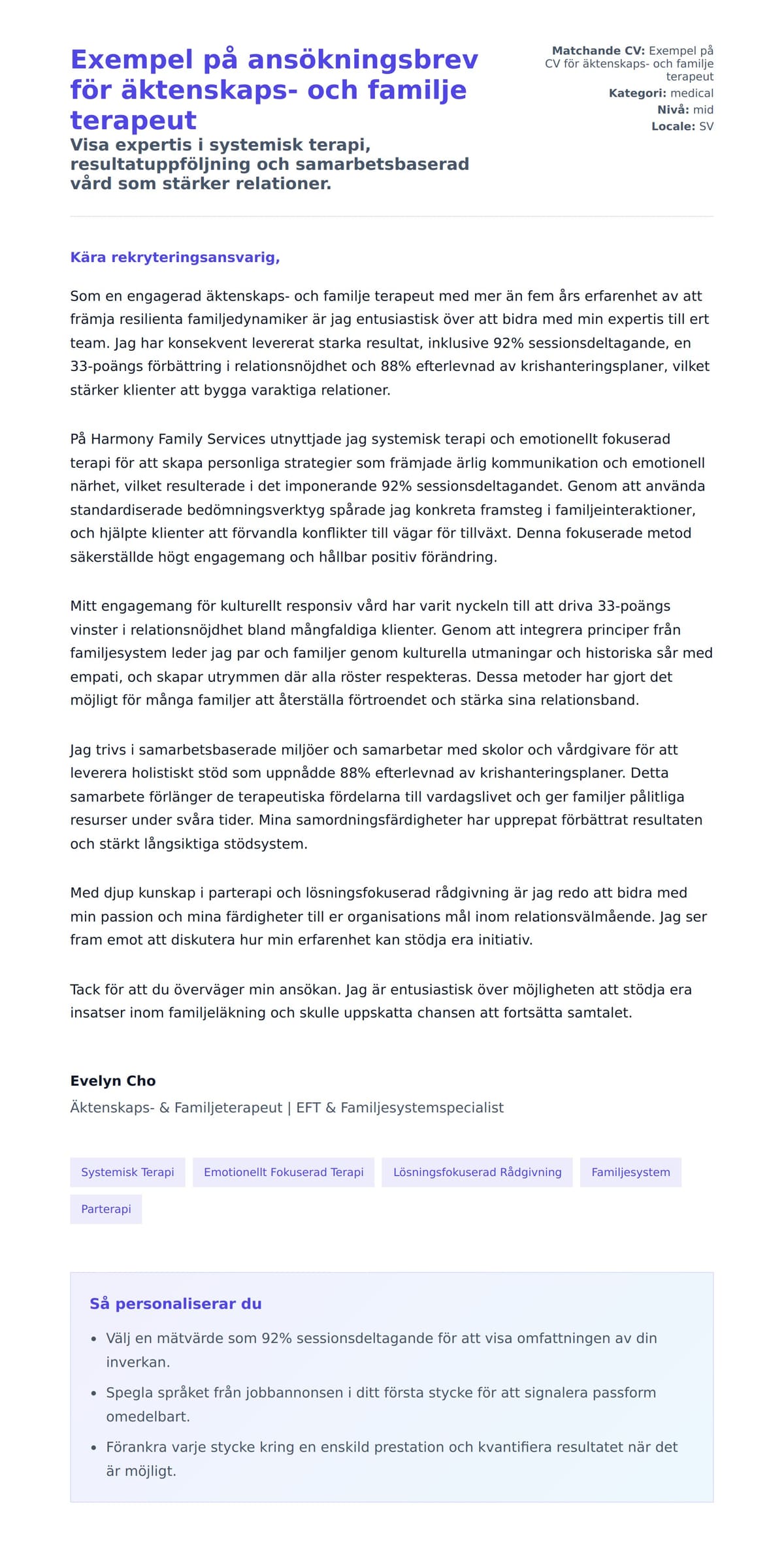 Förhandsgranskning av motivationsbrev för Exempel på ansökningsbrev för äktenskaps- och familje terapeut