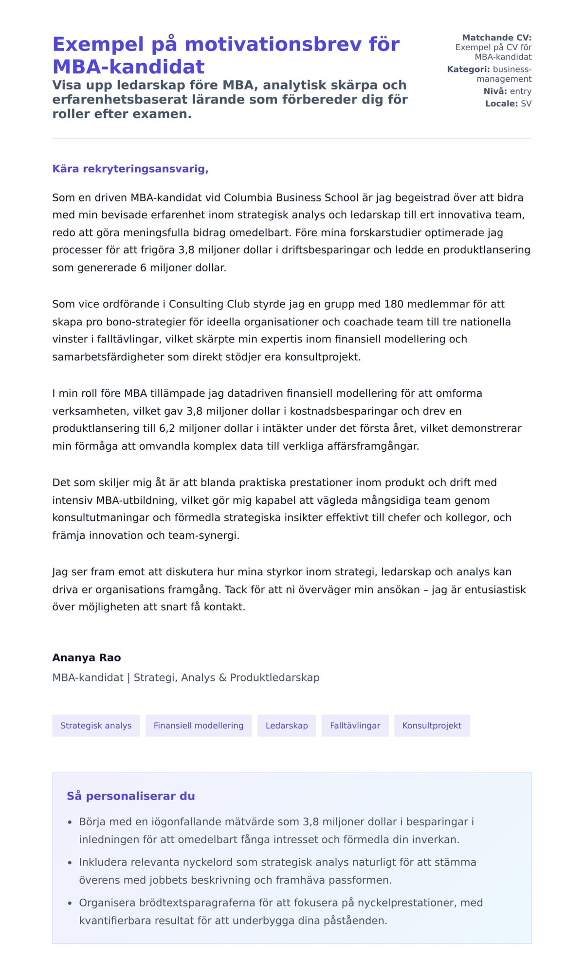 Förhandsgranskning av motivationsbrev för Exempel på motivationsbrev för MBA-kandidat