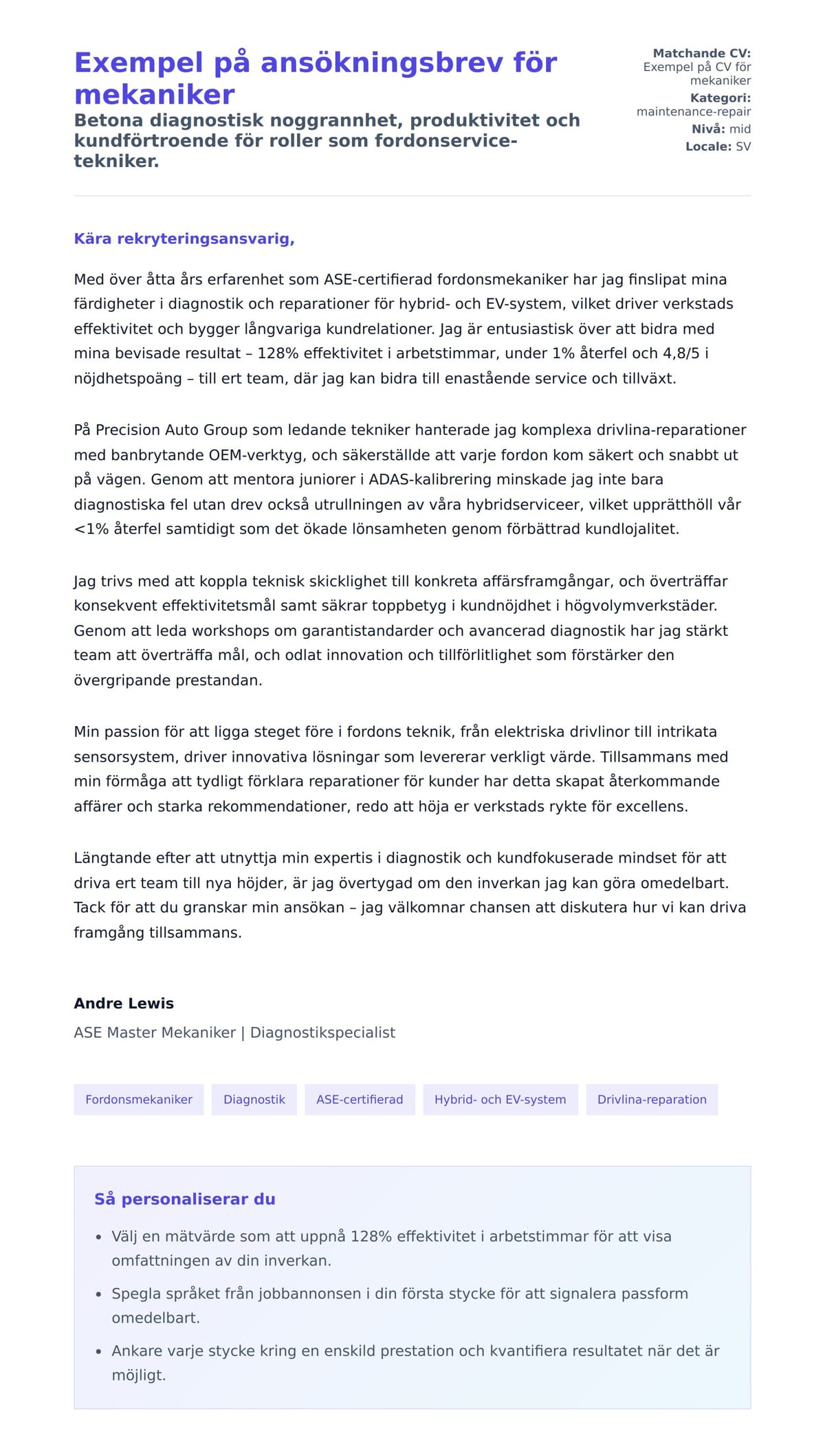 Förhandsgranskning av motivationsbrev för Exempel på ansökningsbrev för mekaniker