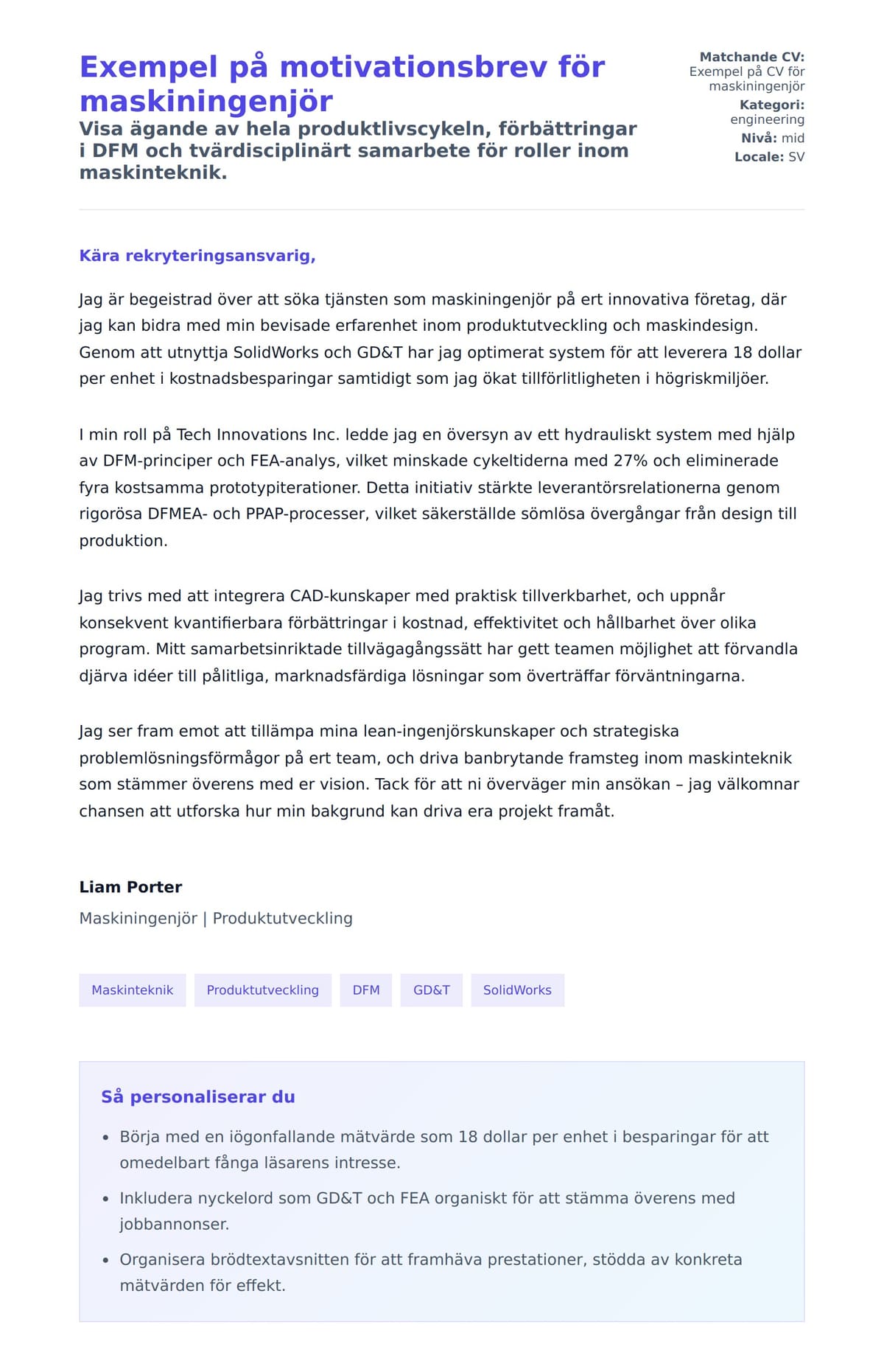 Förhandsgranskning av motivationsbrev för Exempel på motivationsbrev för maskiningenjör
