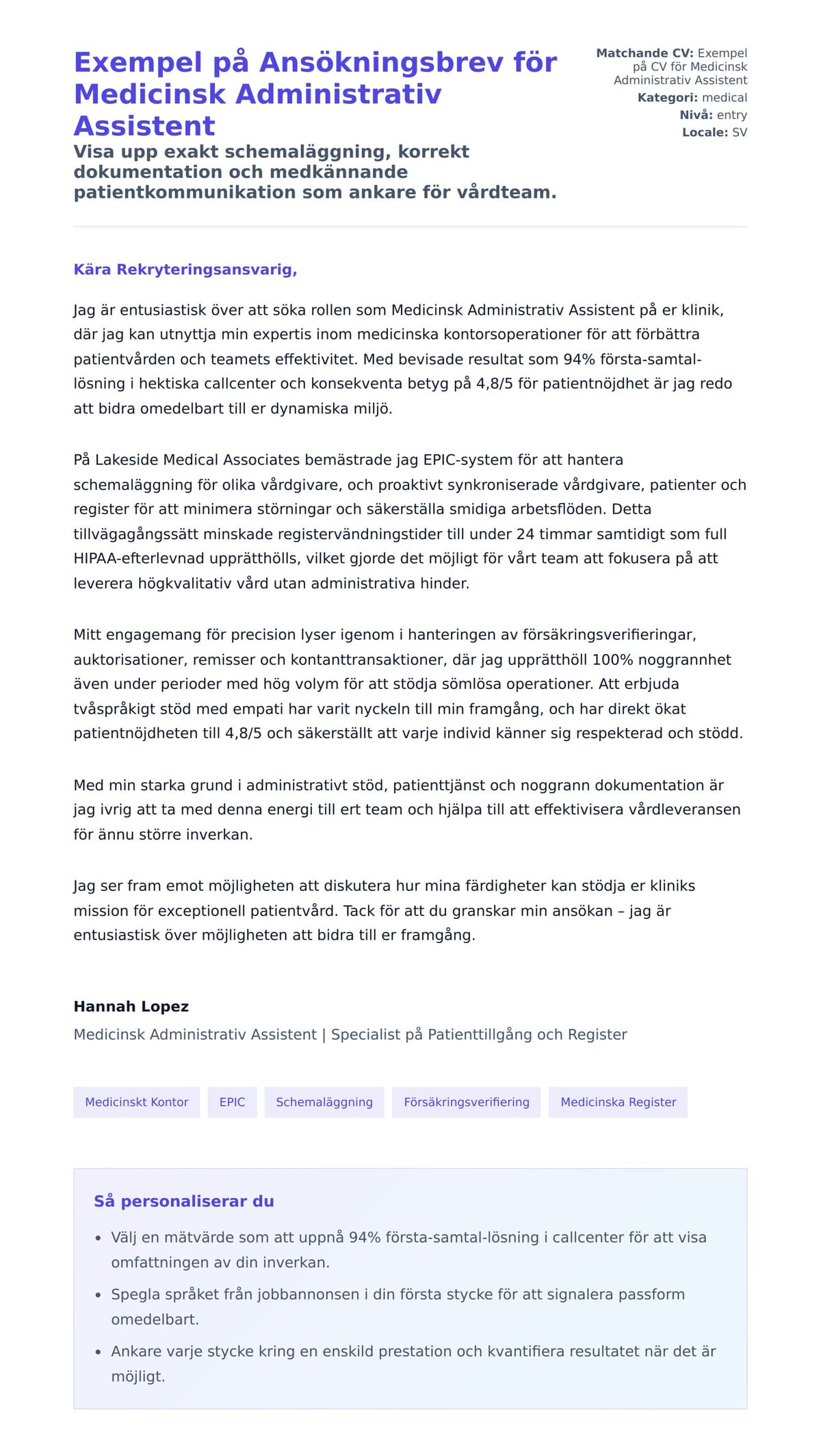 Förhandsgranskning av motivationsbrev för Exempel på Ansökningsbrev för Medicinsk Administrativ Assistent