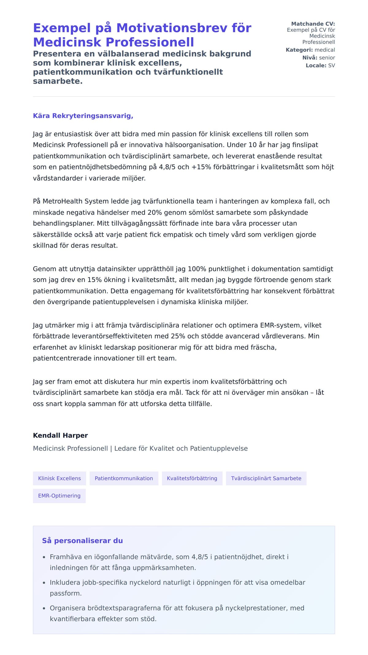 Förhandsgranskning av motivationsbrev för Exempel på Motivationsbrev för Medicinsk Professionell