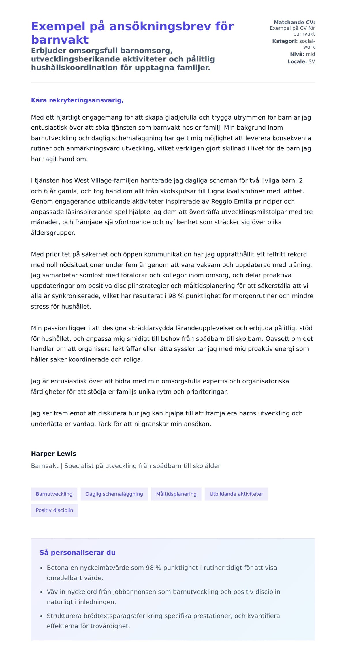Förhandsgranskning av motivationsbrev för Exempel på ansökningsbrev för barnvakt