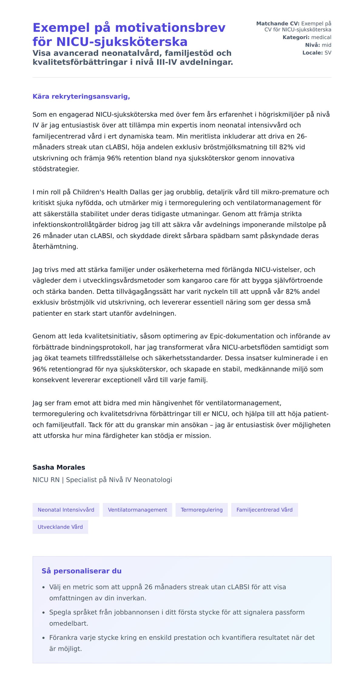 Förhandsgranskning av motivationsbrev för Exempel på motivationsbrev för NICU-sjuksköterska