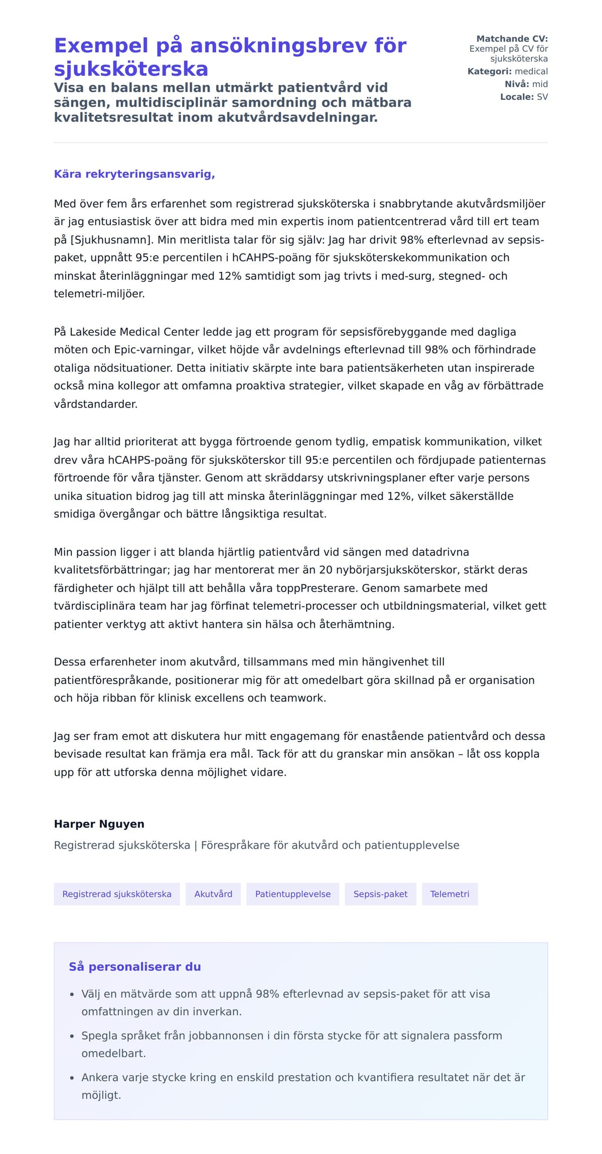 Förhandsgranskning av motivationsbrev för Exempel på ansökningsbrev för sjuksköterska