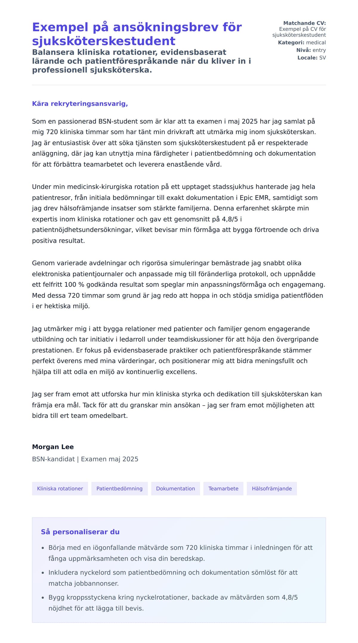 Förhandsgranskning av motivationsbrev för Exempel på ansökningsbrev för sjuksköterskestudent