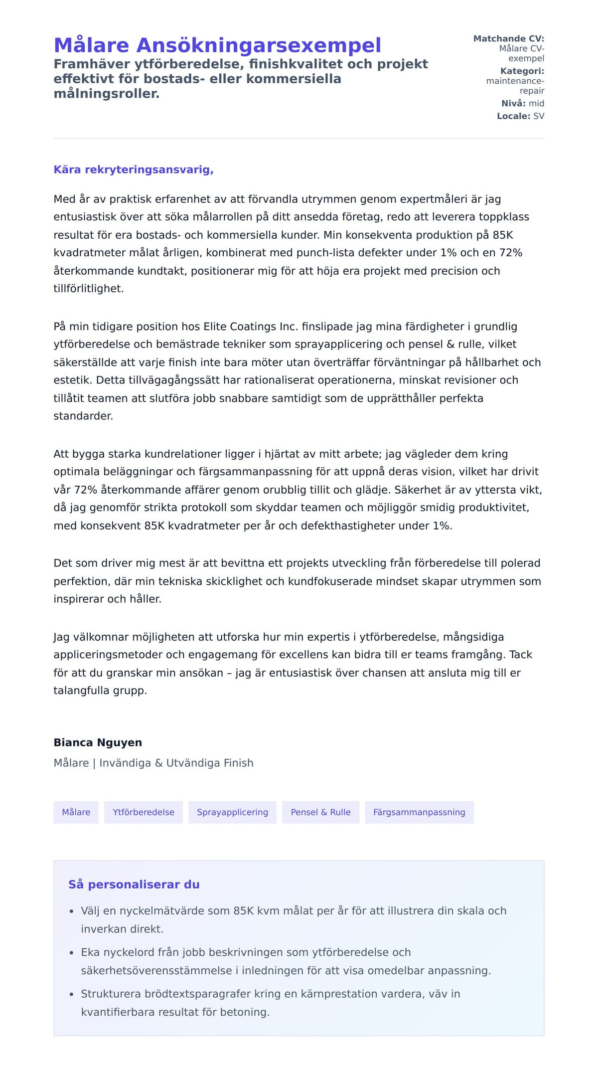 Förhandsgranskning av motivationsbrev för Målare Ansökningarsexempel