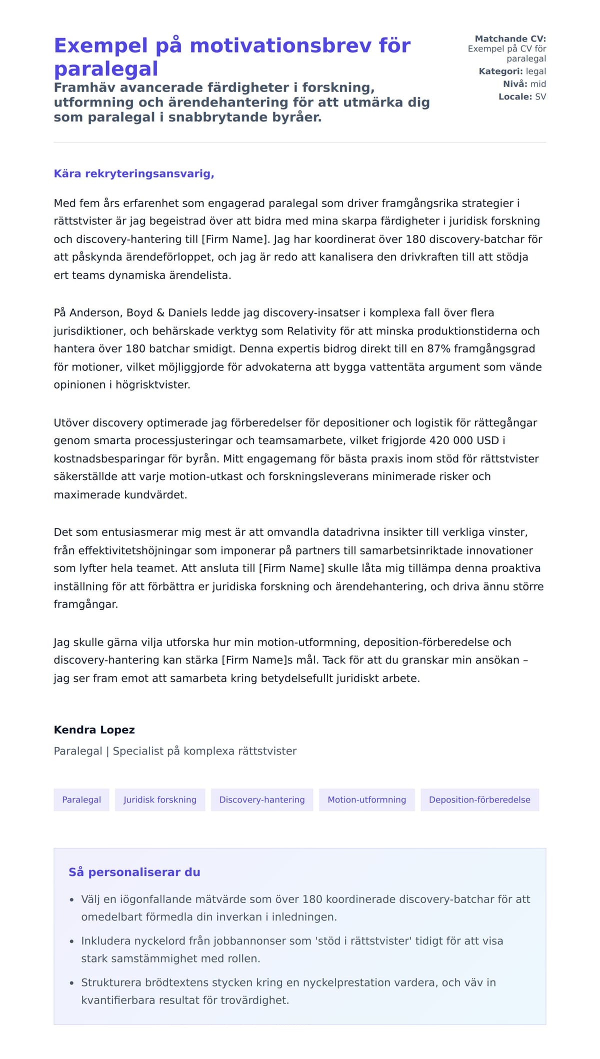 Förhandsgranskning av motivationsbrev för Exempel på motivationsbrev för paralegal