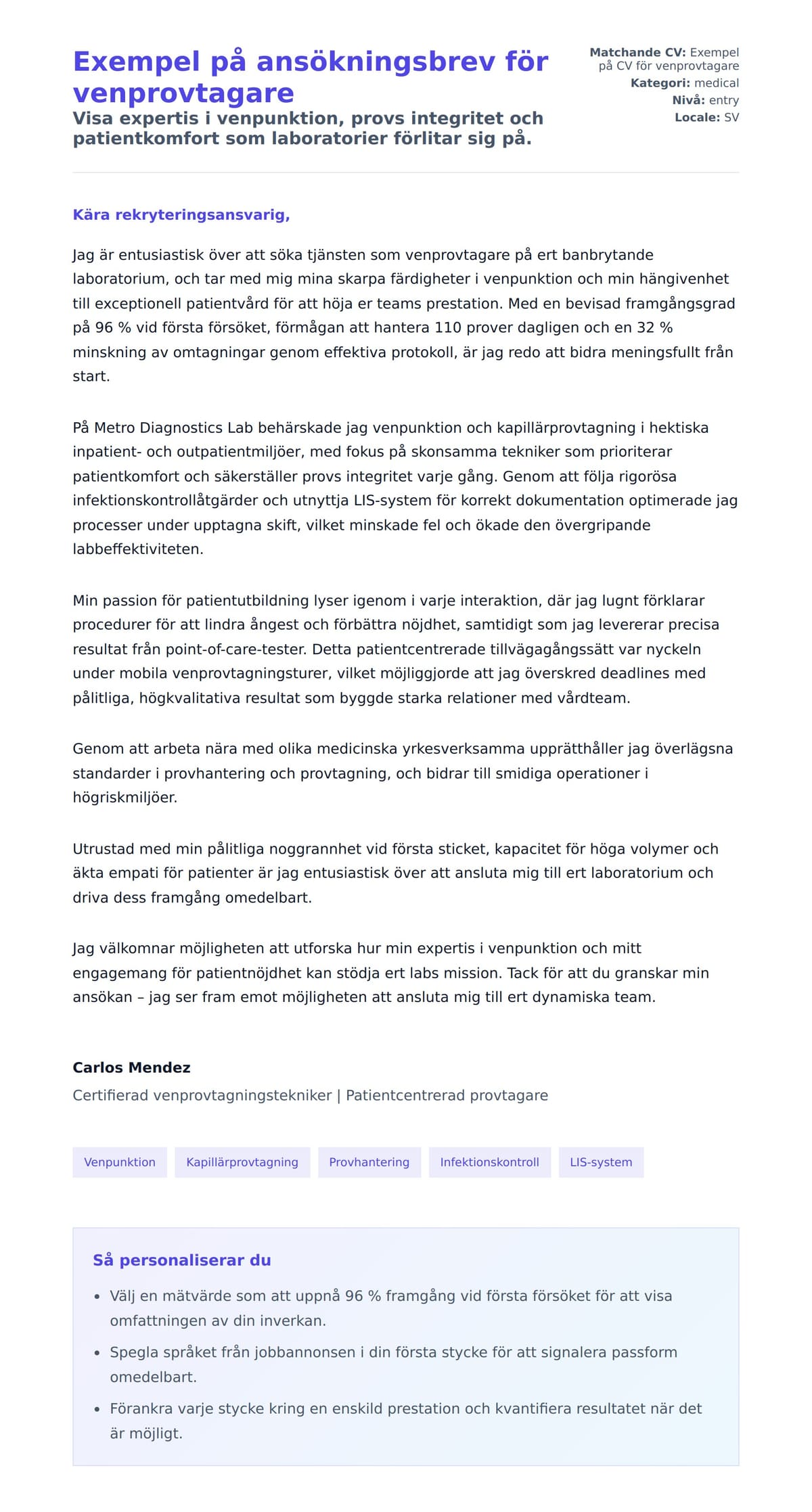 Förhandsgranskning av motivationsbrev för Exempel på ansökningsbrev för venprovtagare
