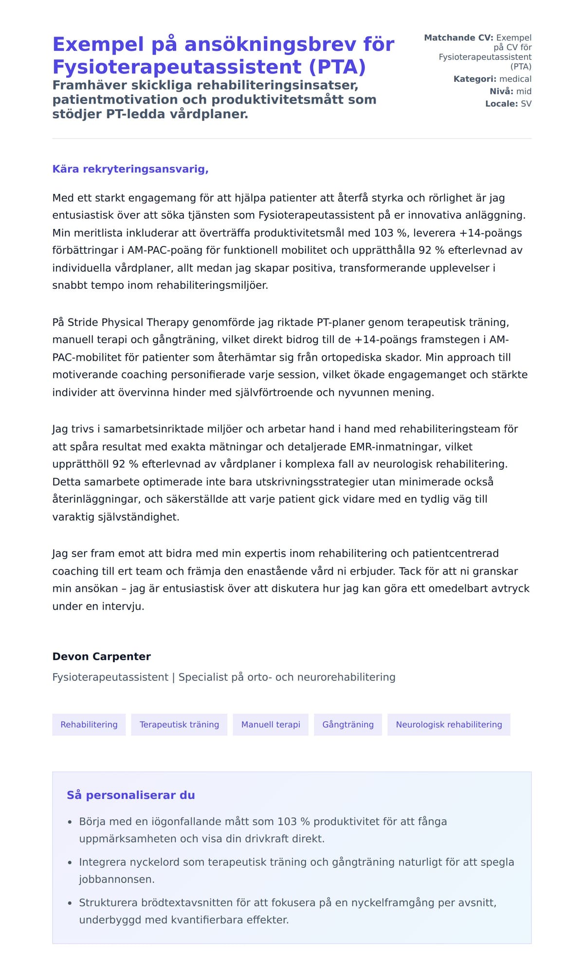 Förhandsgranskning av motivationsbrev för Exempel på ansökningsbrev för Fysioterapeutassistent (PTA)