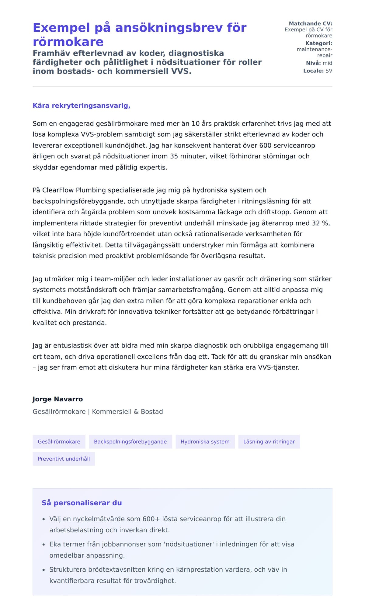 Förhandsgranskning av motivationsbrev för Exempel på ansökningsbrev för rörmokare