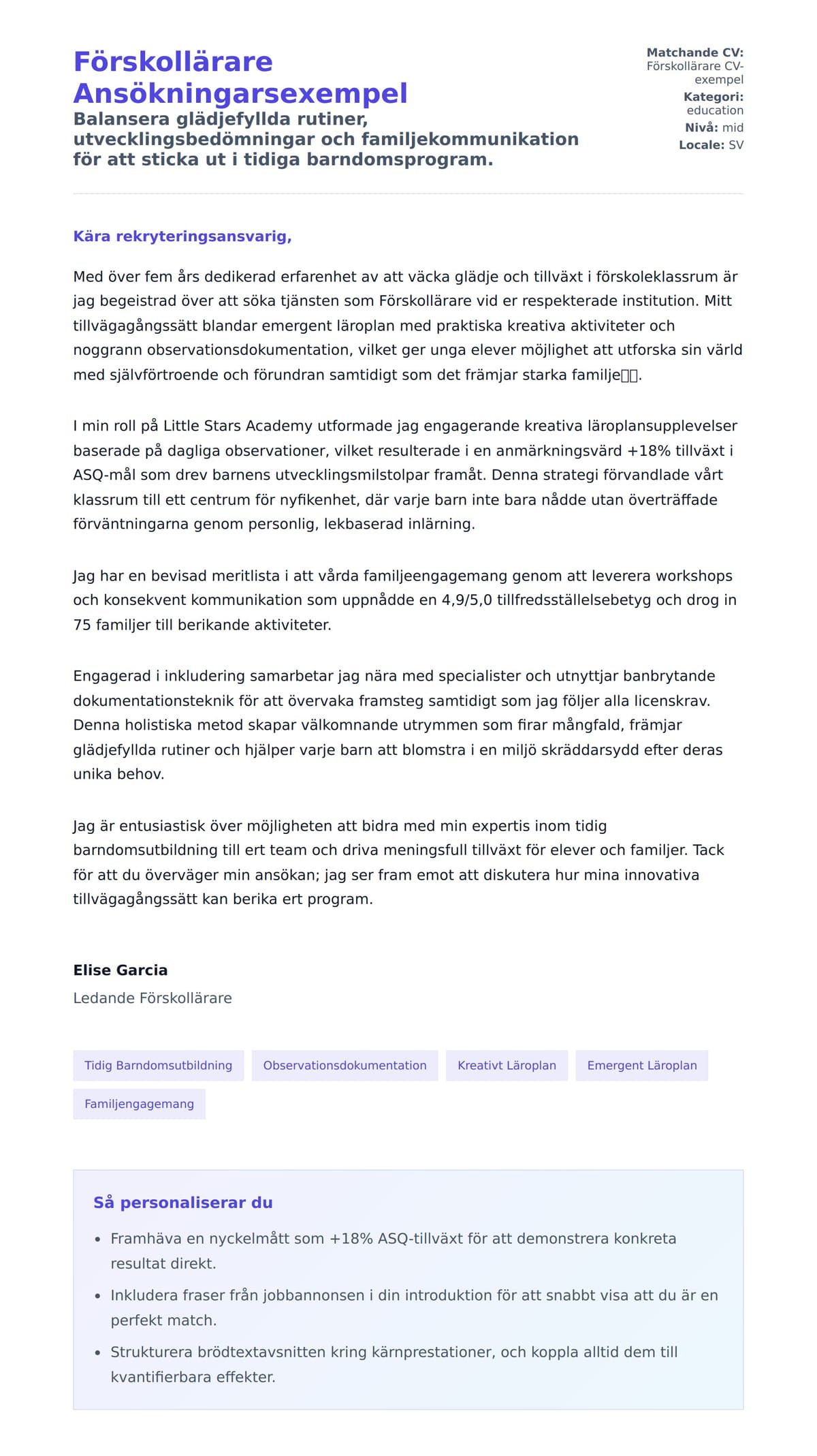 Förhandsgranskning av motivationsbrev för Förskollärare Ansökningarsexempel