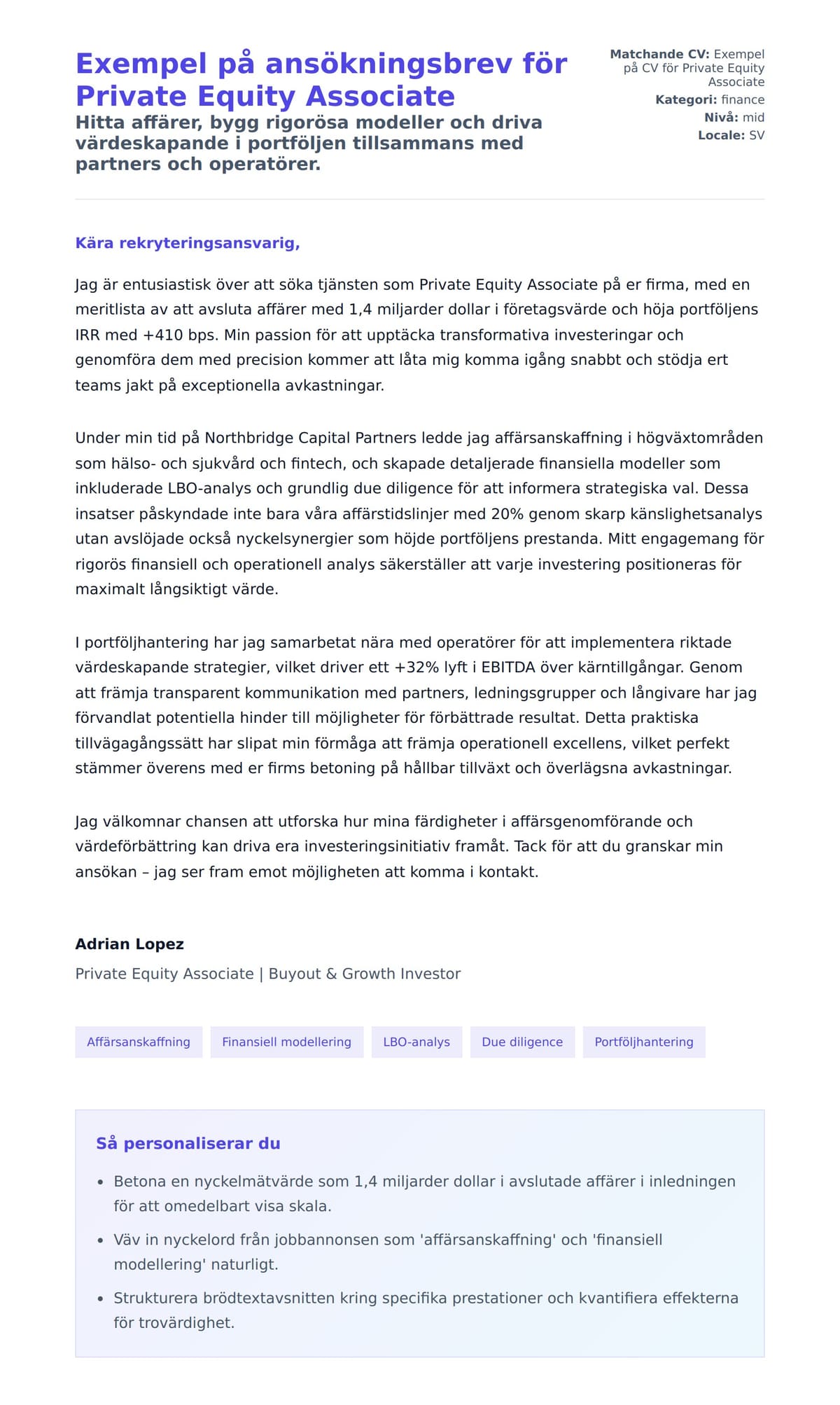 Förhandsgranskning av motivationsbrev för Exempel på ansökningsbrev för Private Equity Associate