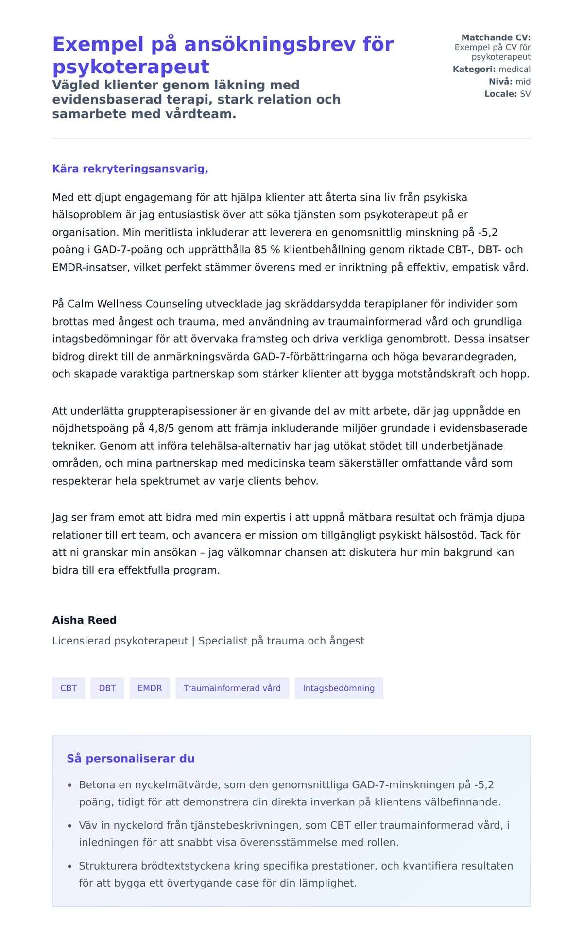 Förhandsgranskning av motivationsbrev för Exempel på ansökningsbrev för psykoterapeut
