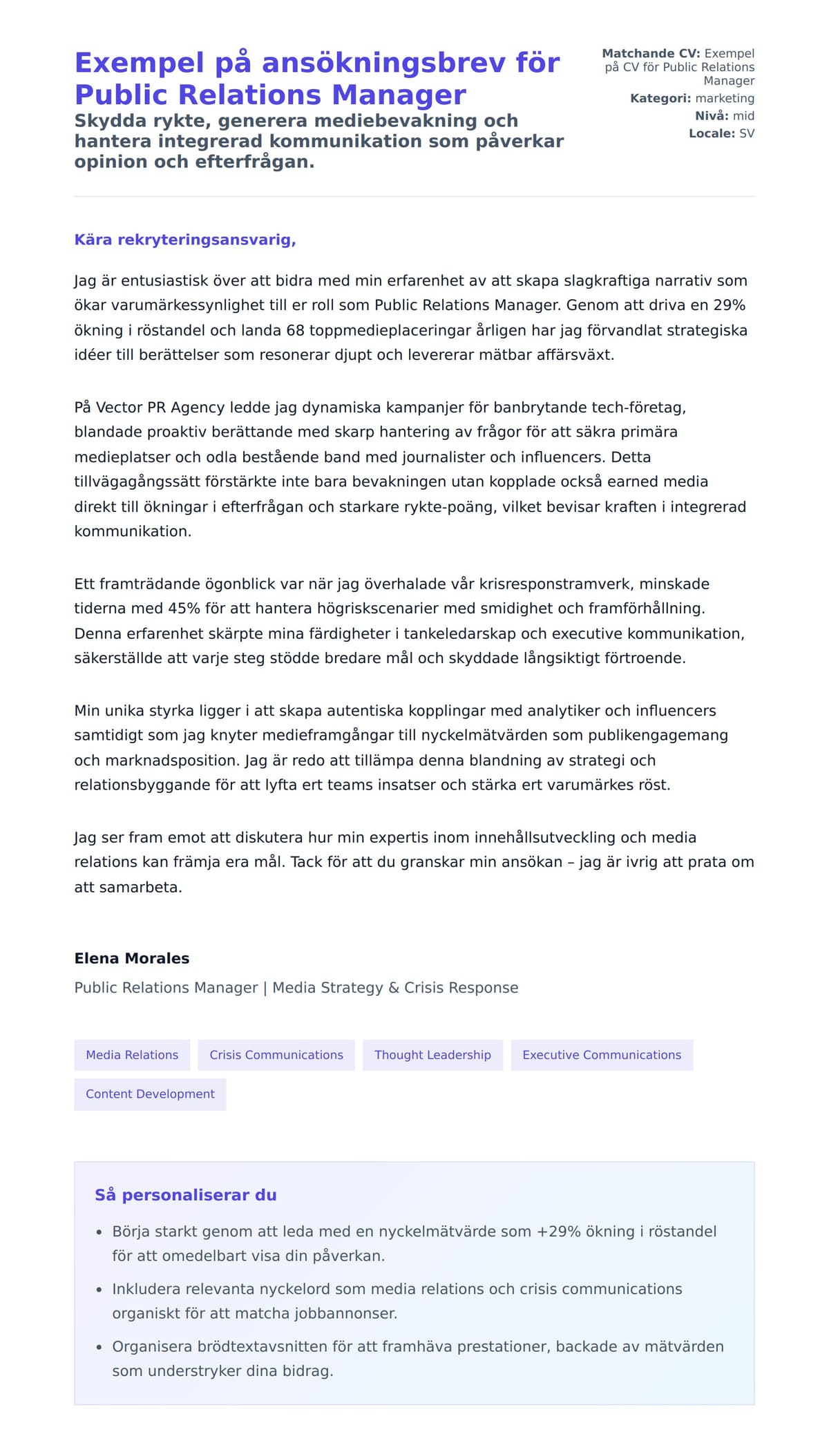 Förhandsgranskning av motivationsbrev för Exempel på ansökningsbrev för Public Relations Manager