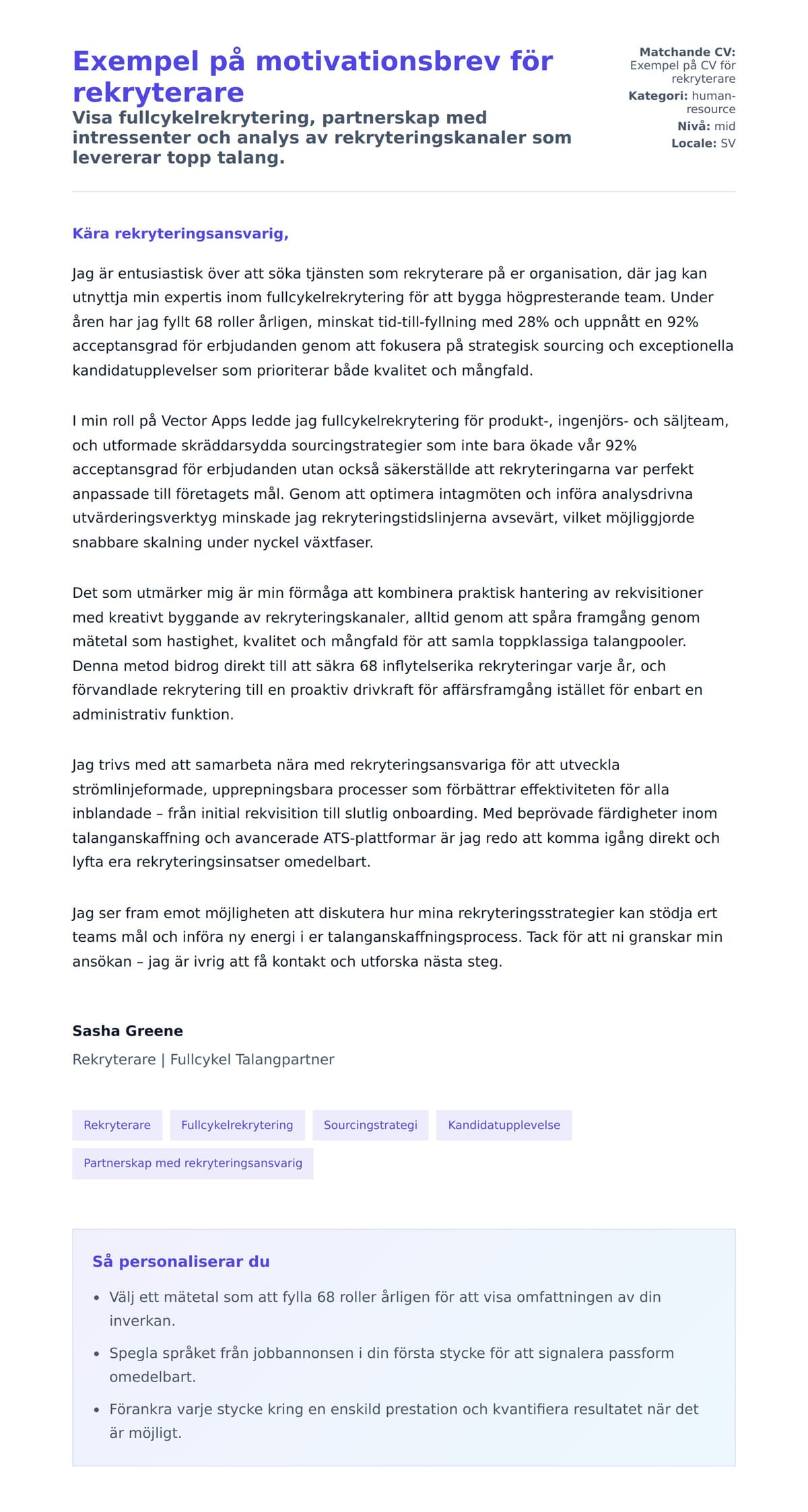 Förhandsgranskning av motivationsbrev för Exempel på motivationsbrev för rekryterare