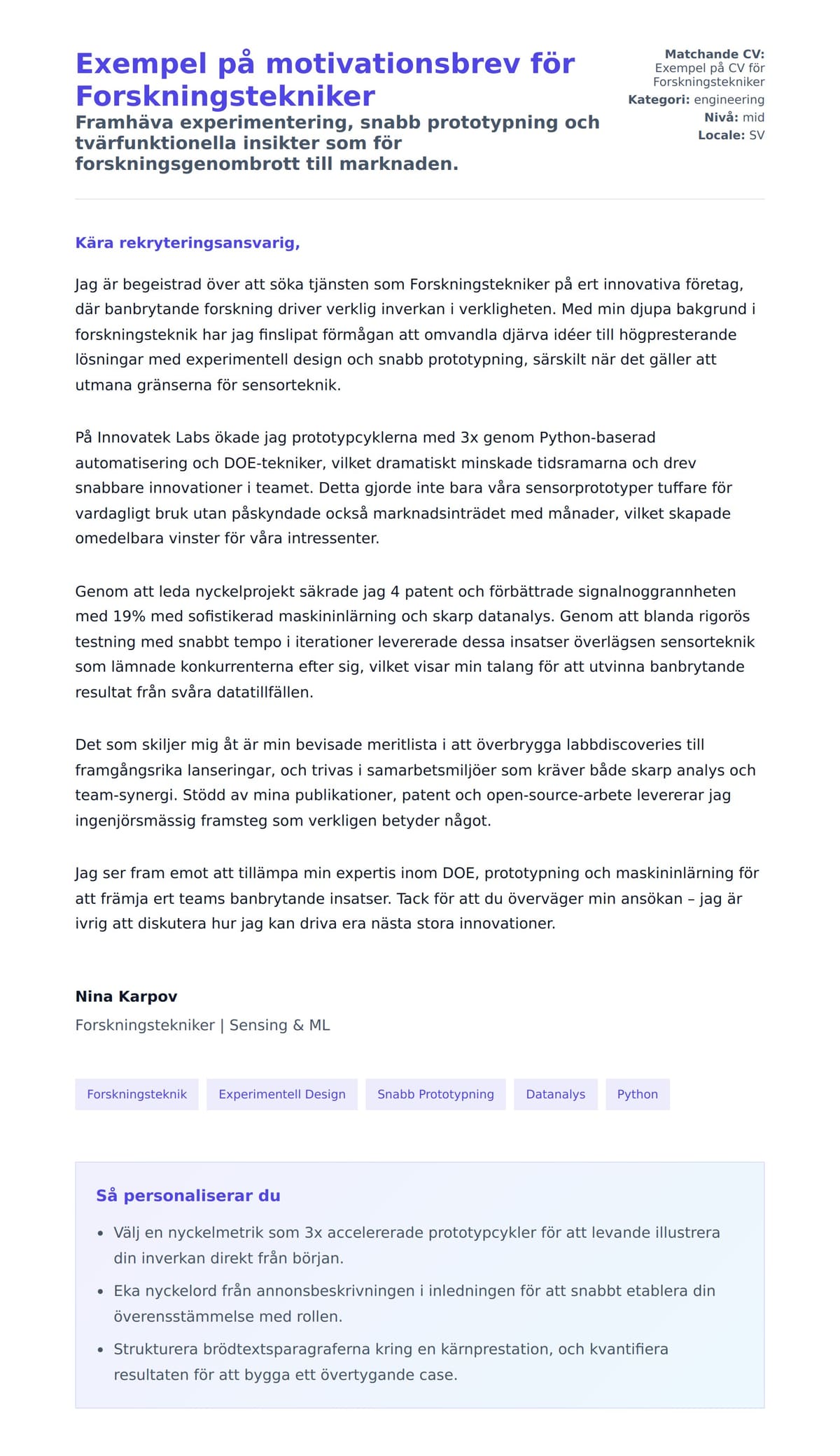 Förhandsgranskning av motivationsbrev för Exempel på motivationsbrev för Forskningstekniker