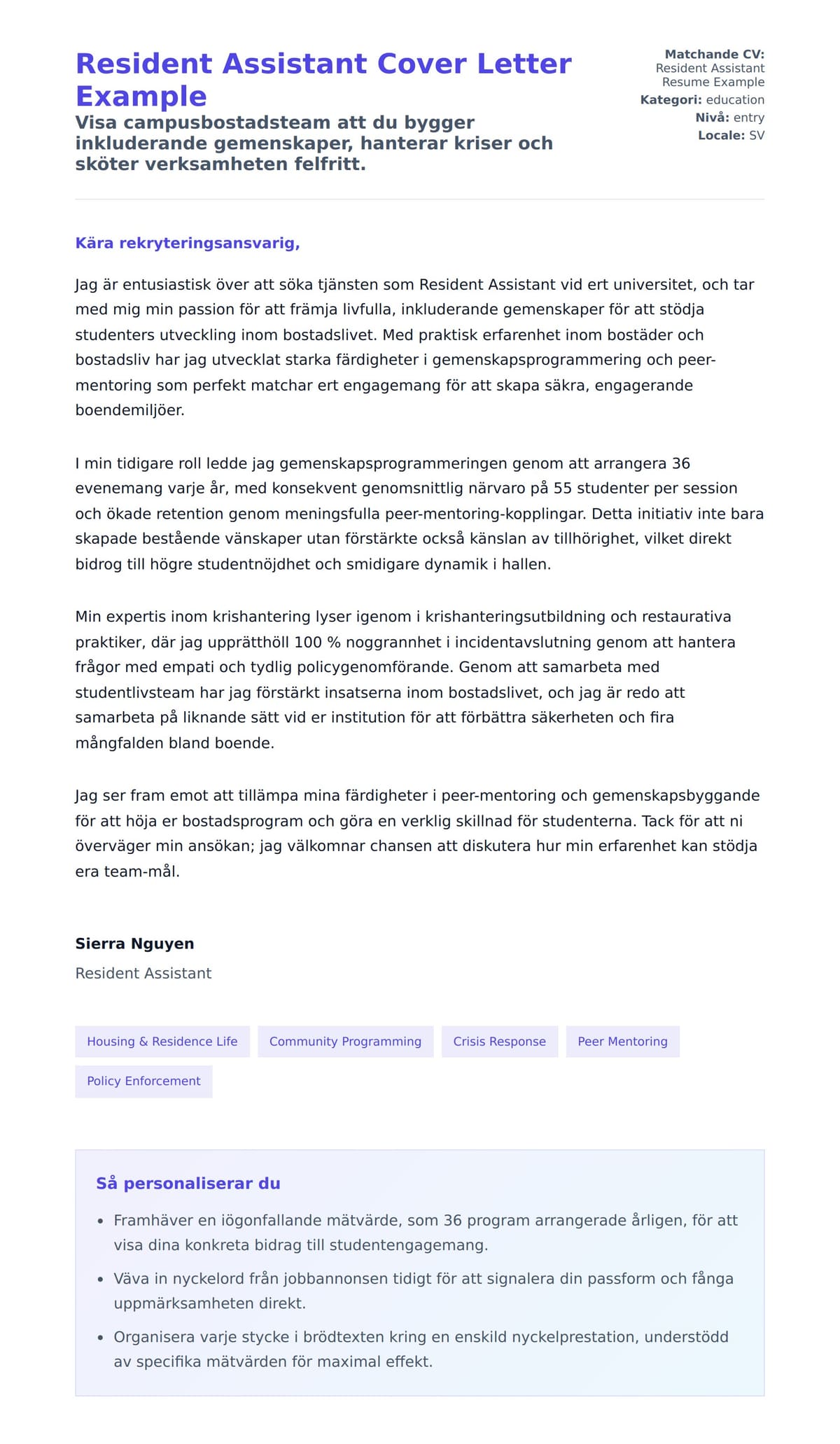 Förhandsgranskning av motivationsbrev för Resident Assistant Cover Letter Example
