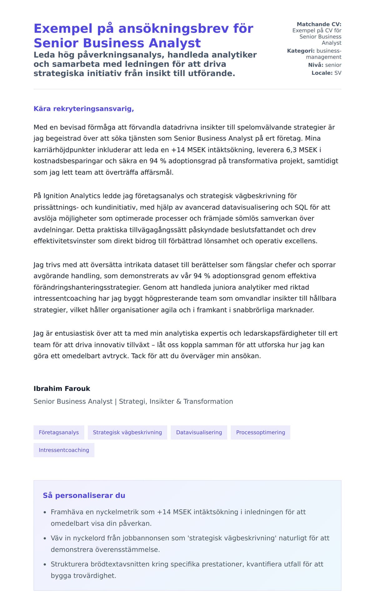 Förhandsgranskning av motivationsbrev för Exempel på ansökningsbrev för Senior Business Analyst