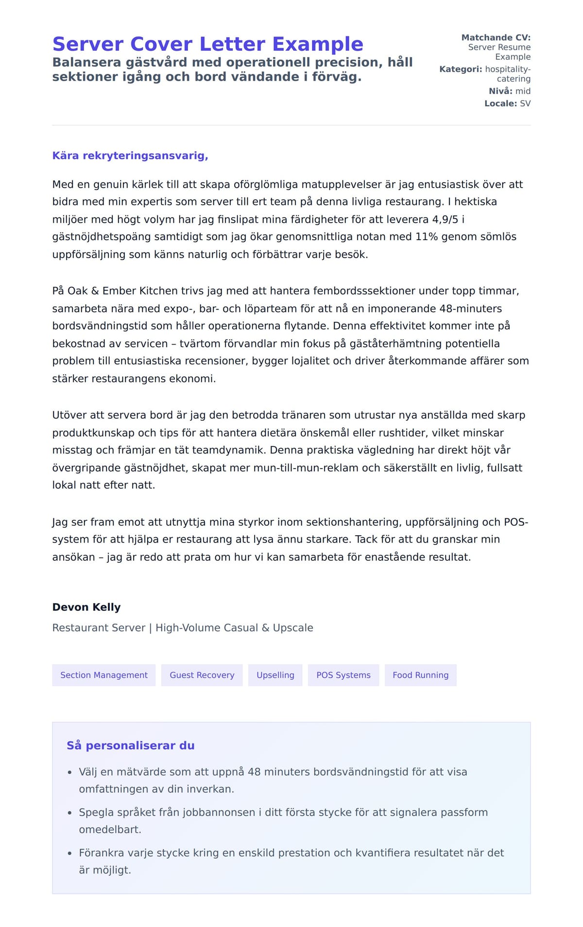 Förhandsgranskning av motivationsbrev för Server Cover Letter Example
