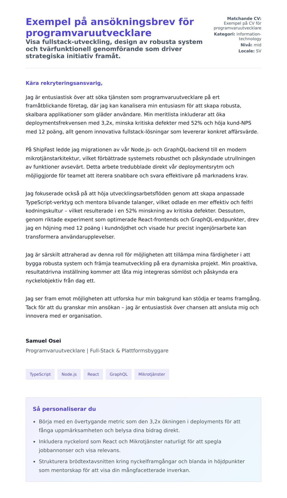 Förhandsgranskning av motivationsbrev för Exempel på ansökningsbrev för programvaruutvecklare