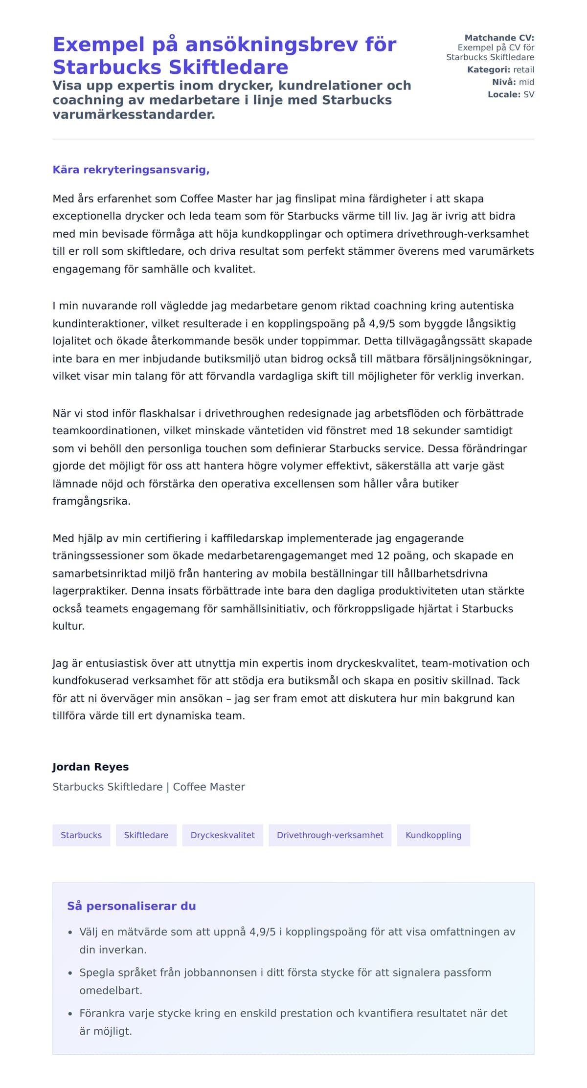 Förhandsgranskning av motivationsbrev för Exempel på ansökningsbrev för Starbucks Skiftledare
