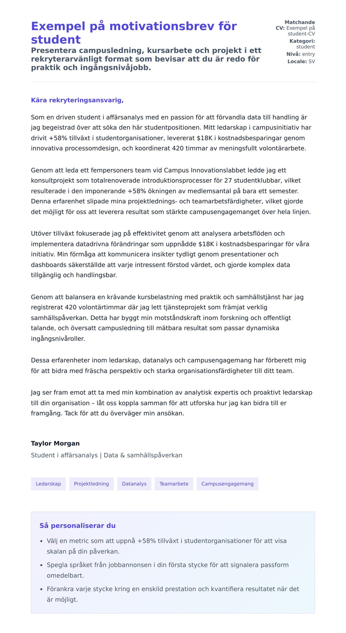 Förhandsgranskning av motivationsbrev för Exempel på motivationsbrev för student