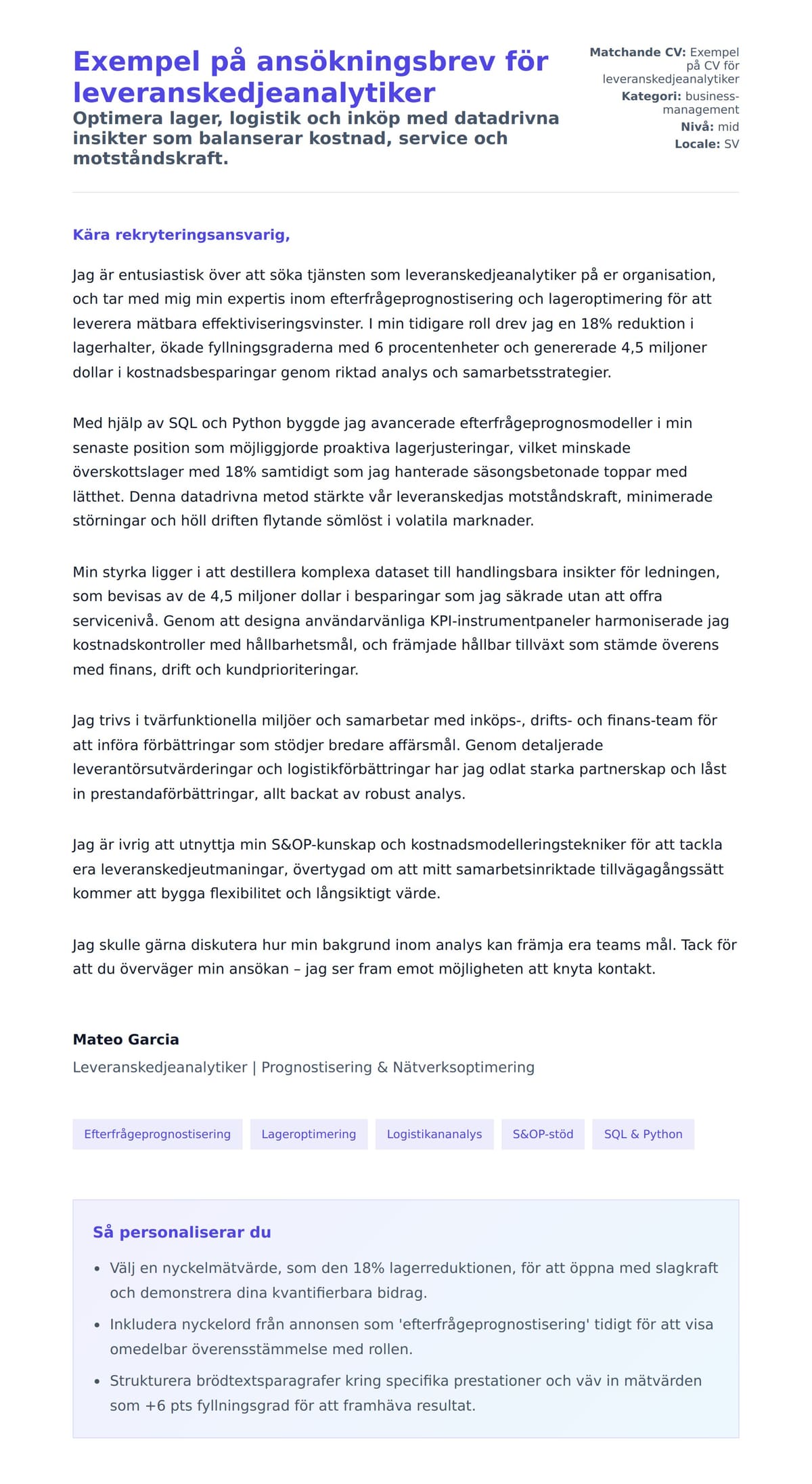 Förhandsgranskning av motivationsbrev för Exempel på ansökningsbrev för leveranskedjeanalytiker