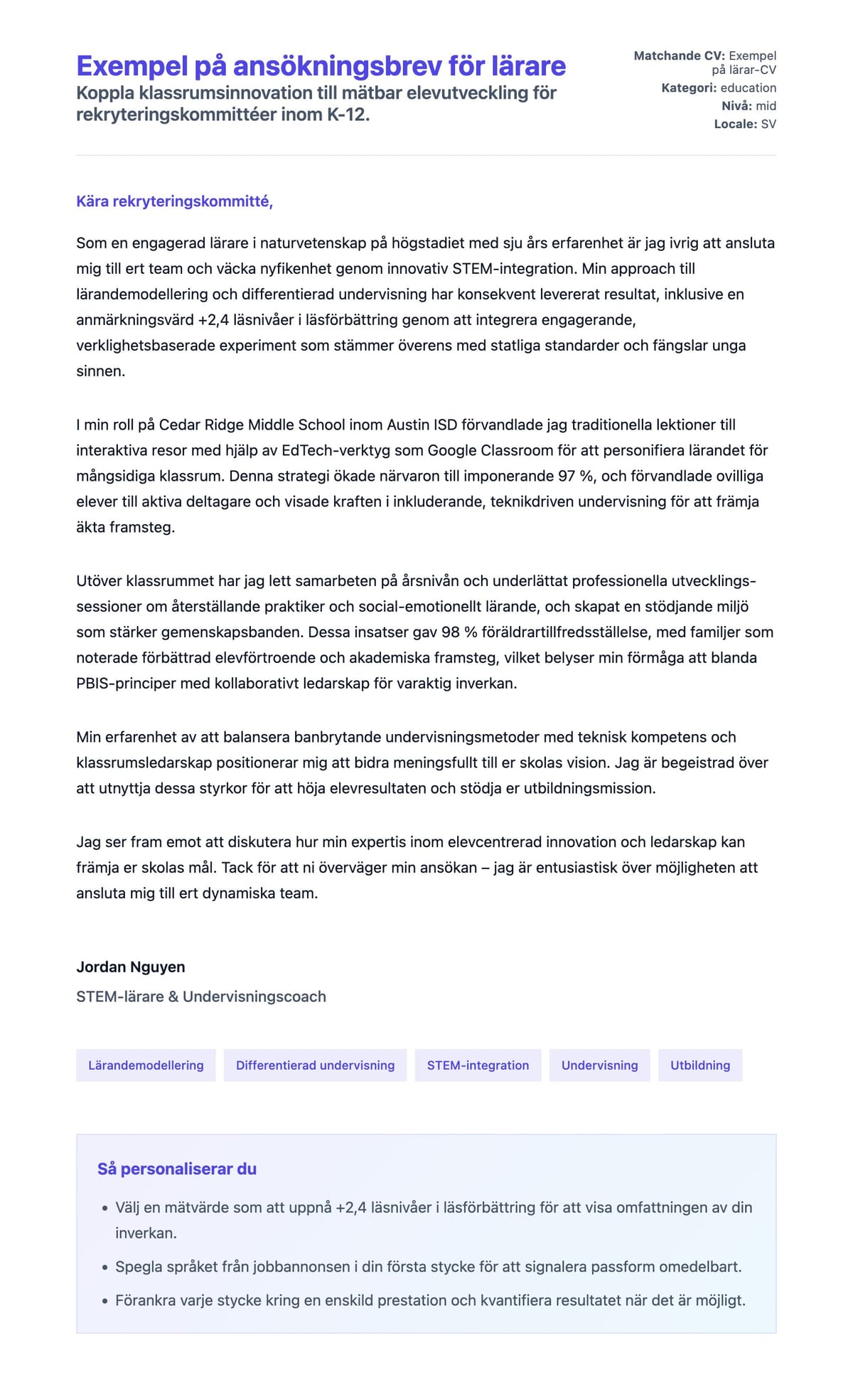 Förhandsgranskning av motivationsbrev för Exempel på ansökningsbrev för lärare