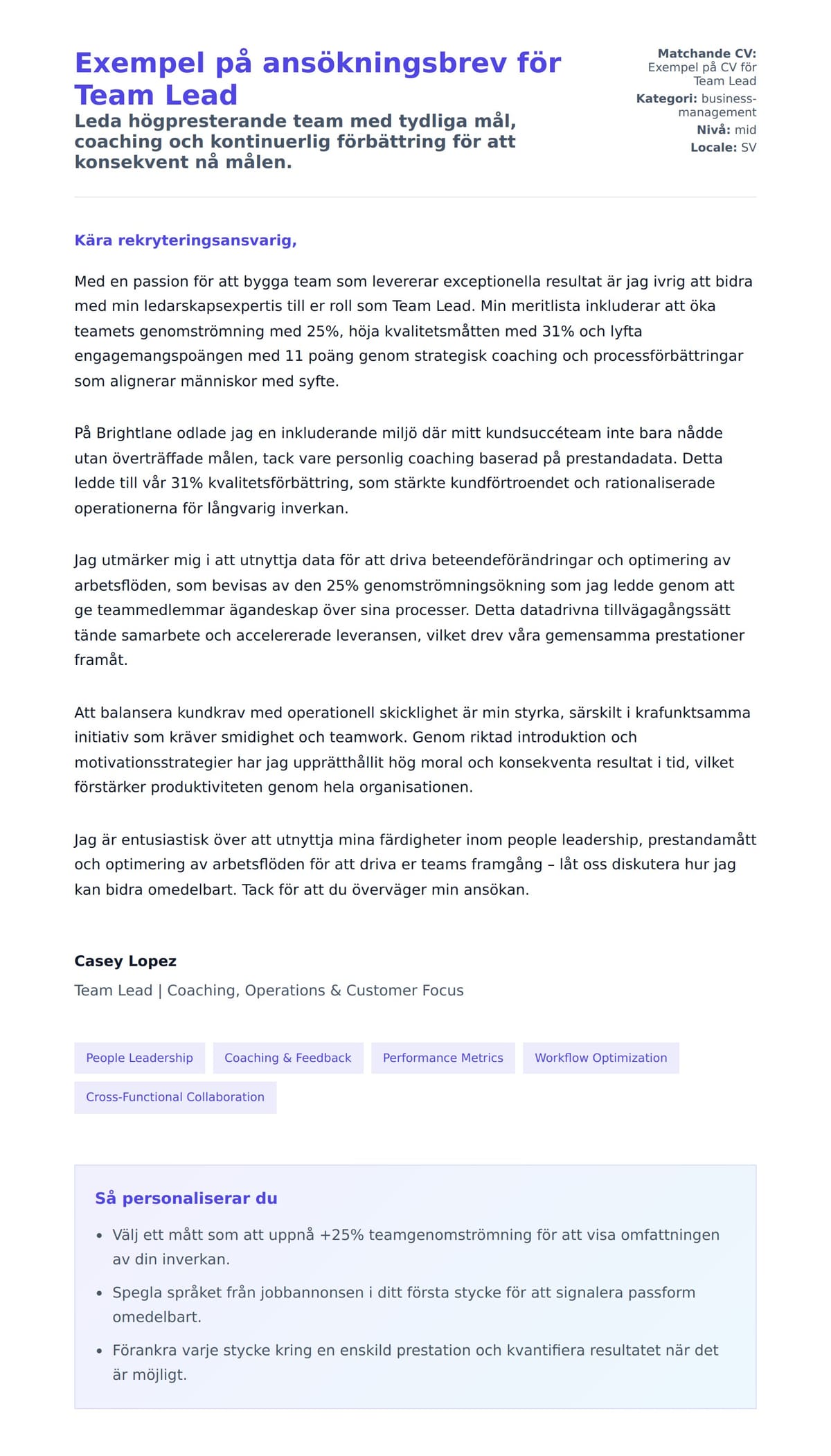 Förhandsgranskning av motivationsbrev för Exempel på ansökningsbrev för Team Lead