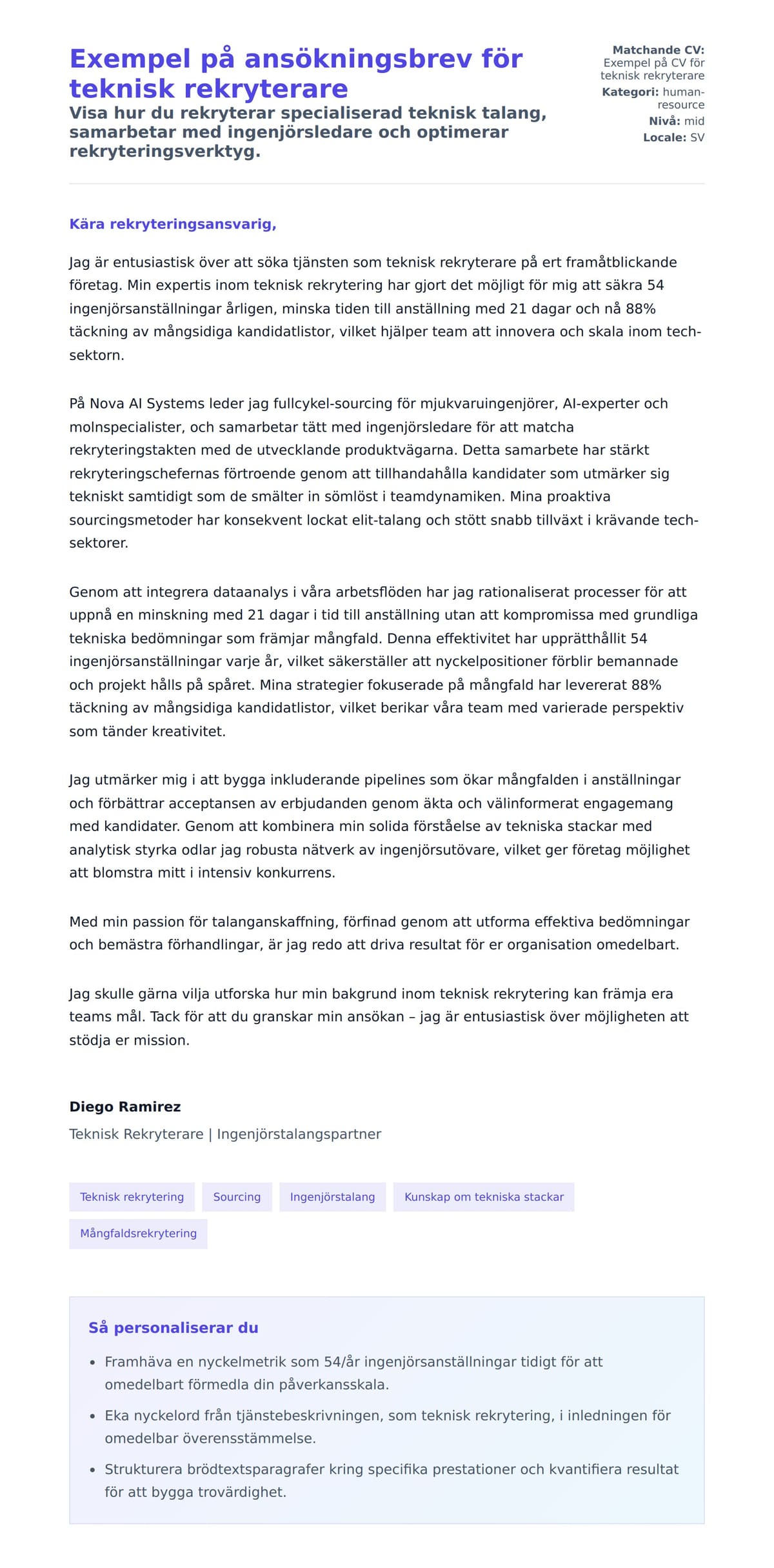 Förhandsgranskning av motivationsbrev för Exempel på ansökningsbrev för teknisk rekryterare