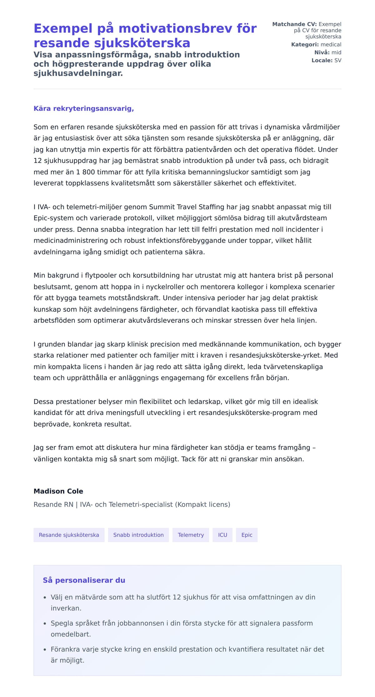 Förhandsgranskning av motivationsbrev för Exempel på motivationsbrev för resande sjuksköterska