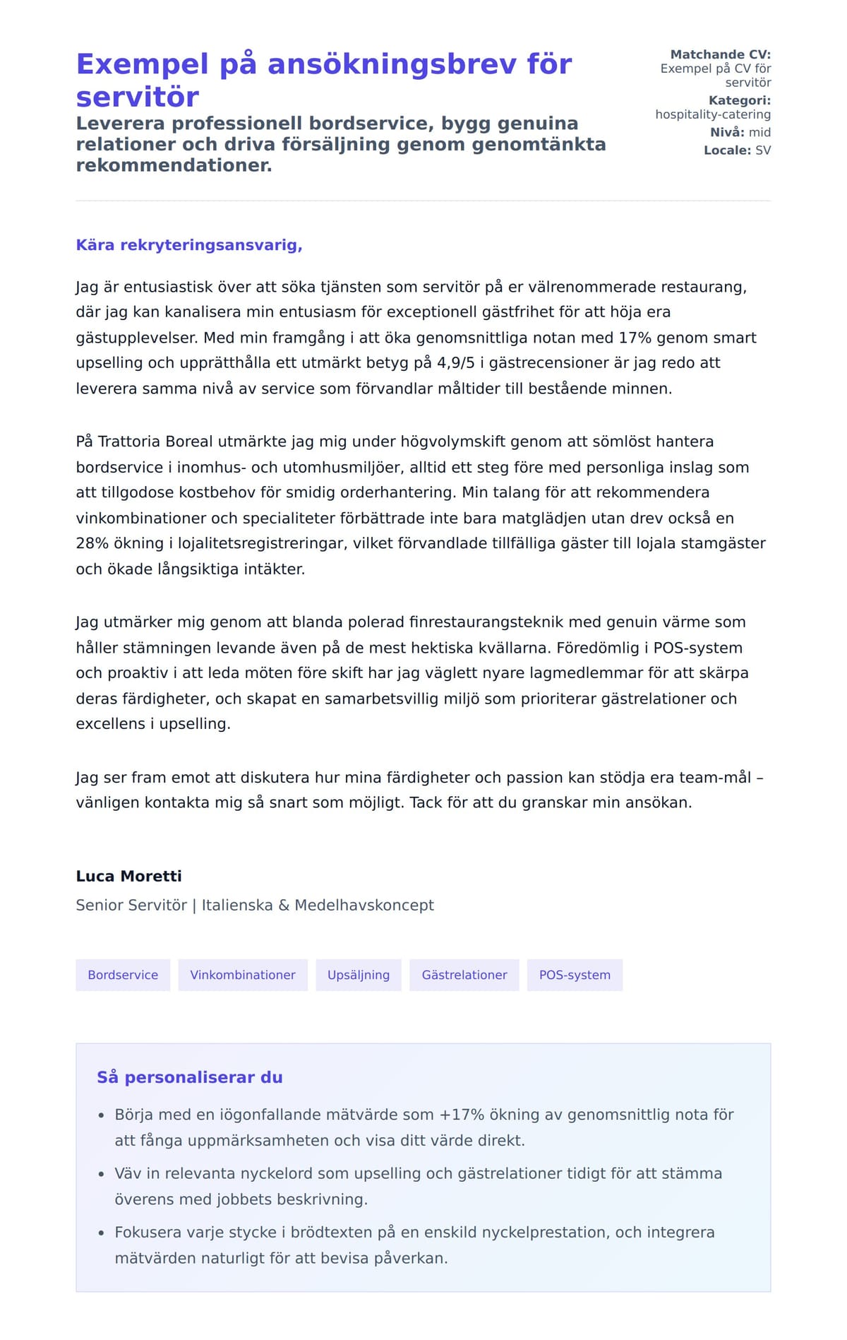 Förhandsgranskning av motivationsbrev för Exempel på ansökningsbrev för servitör