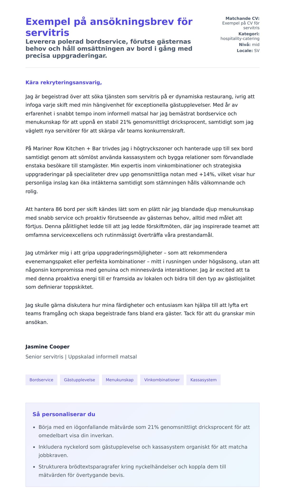 Förhandsgranskning av motivationsbrev för Exempel på ansökningsbrev för servitris