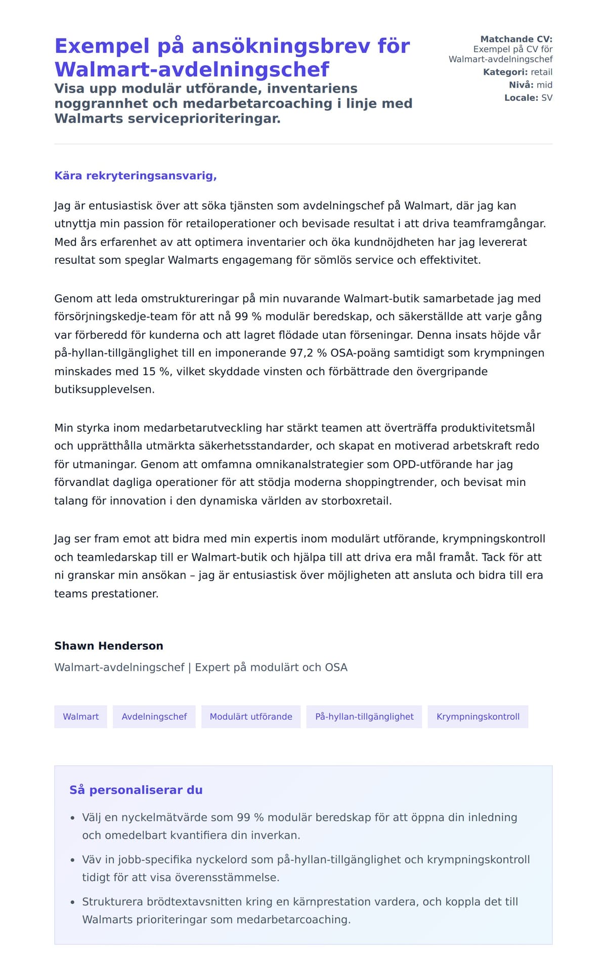 Förhandsgranskning av motivationsbrev för Exempel på ansökningsbrev för Walmart-avdelningschef