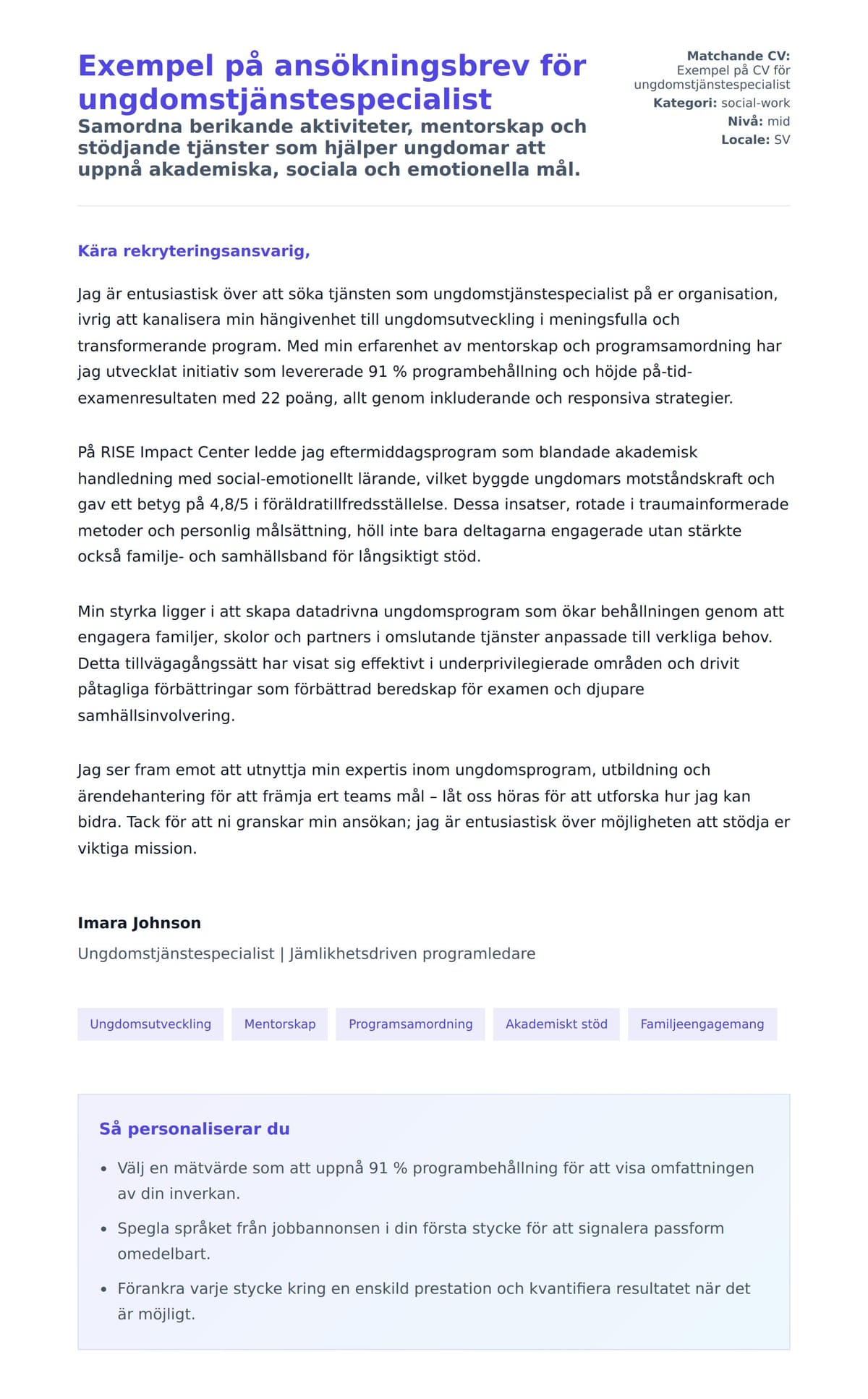Förhandsgranskning av motivationsbrev för Exempel på ansökningsbrev för ungdomstjänstespecialist