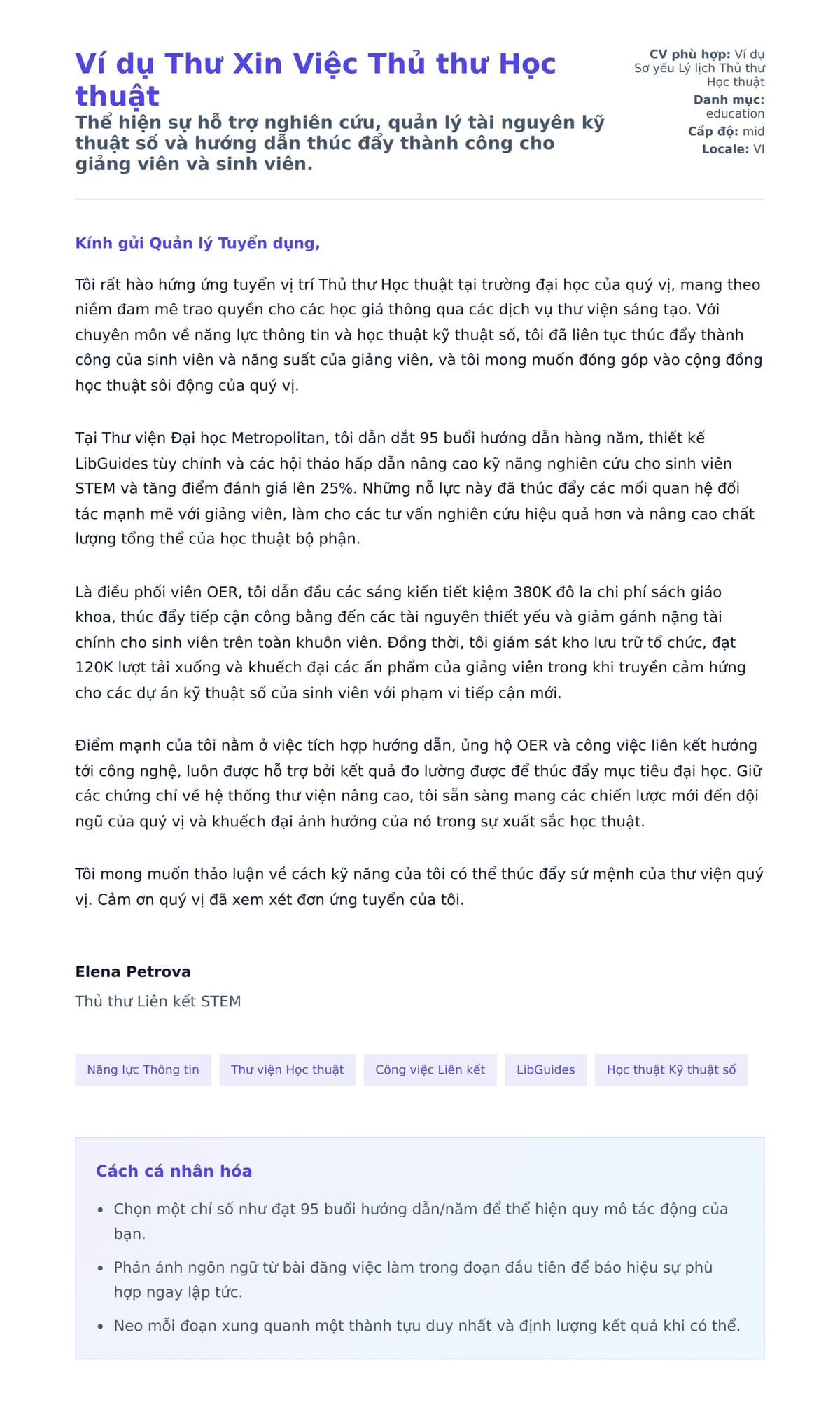 Bản xem trước thư xin việc cho Ví dụ Thư Xin Việc Thủ thư Học thuật