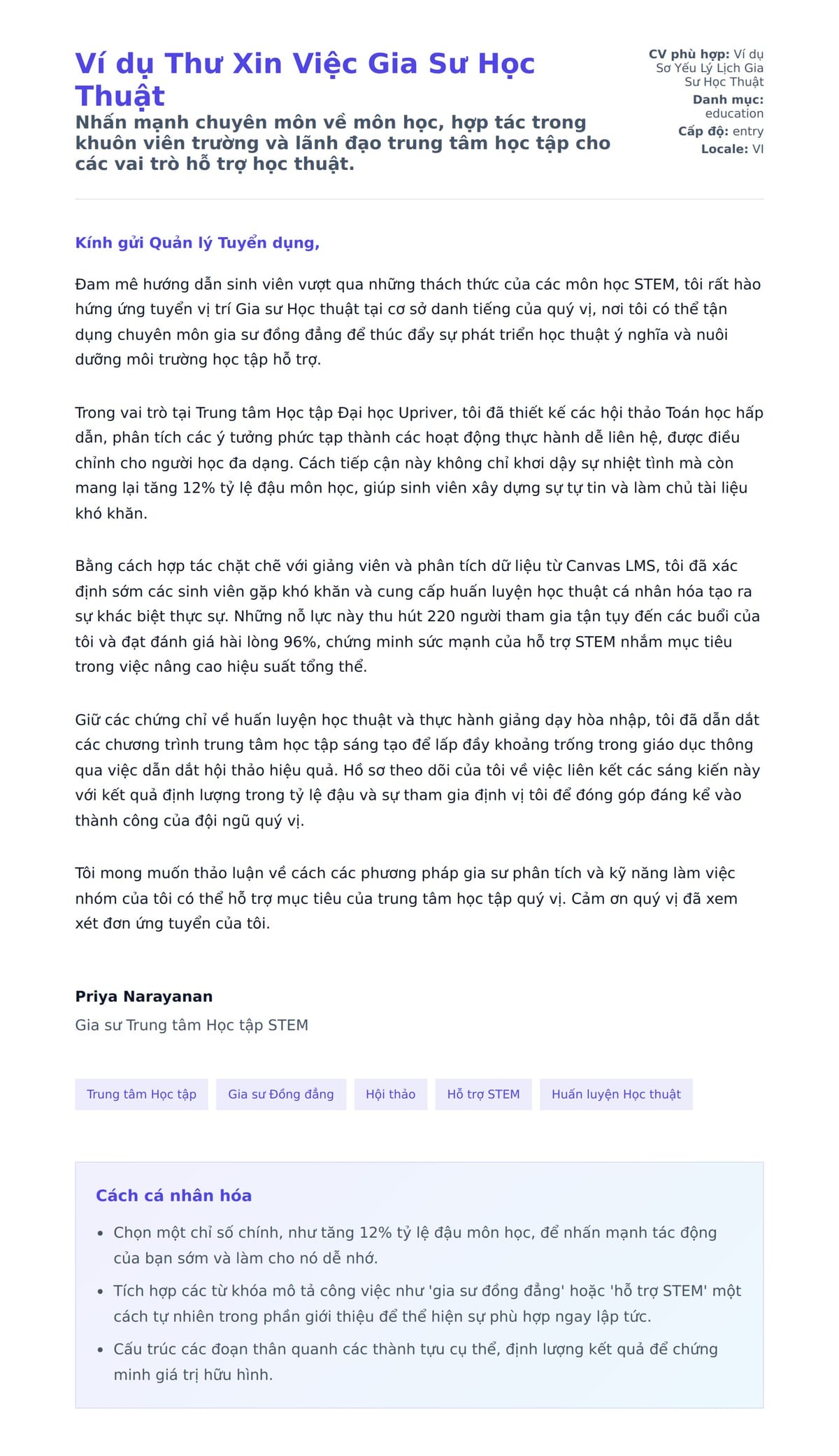 Bản xem trước thư xin việc cho Ví dụ Thư Xin Việc Gia Sư Học Thuật