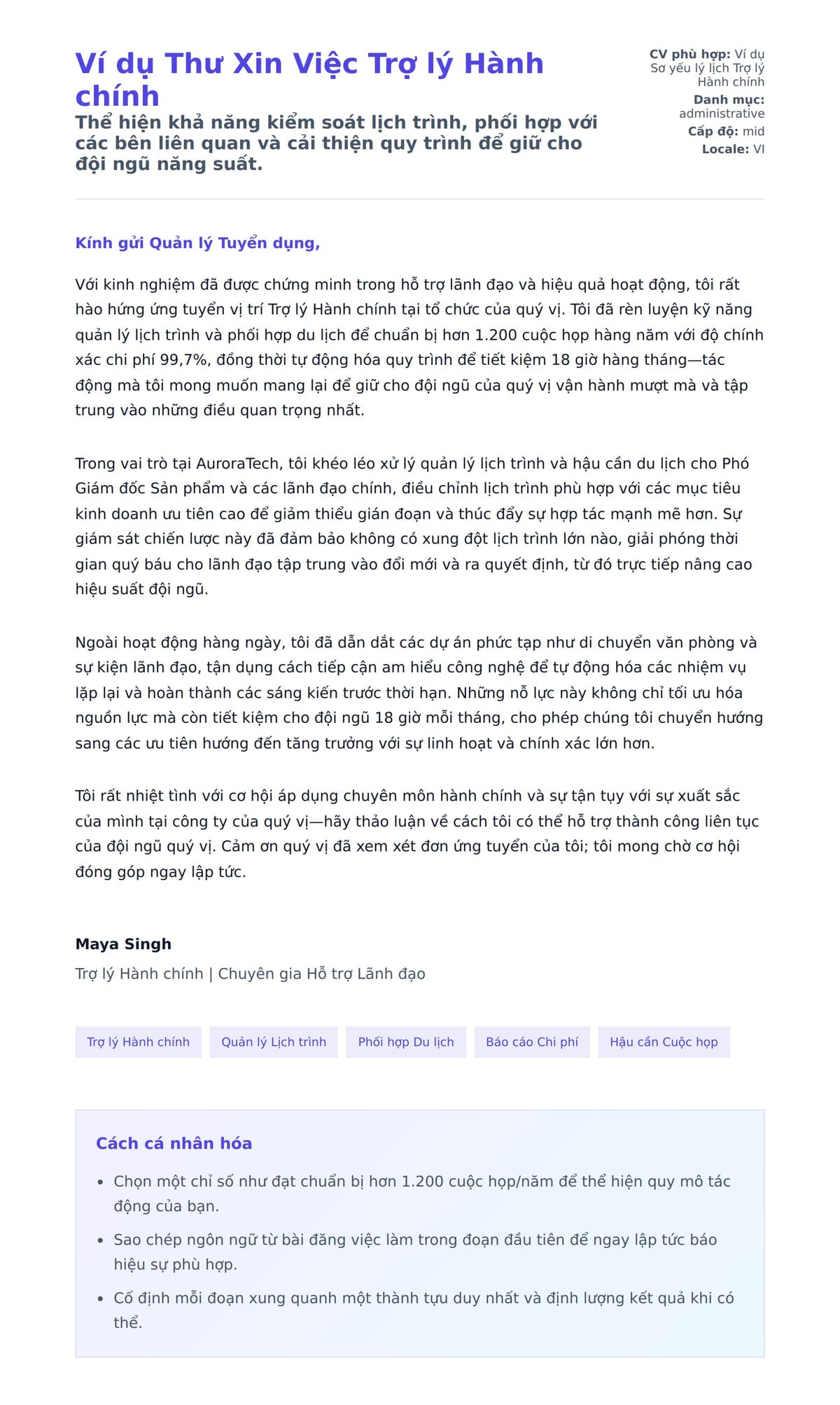 Bản xem trước thư xin việc cho Ví dụ Thư Xin Việc Trợ lý Hành chính