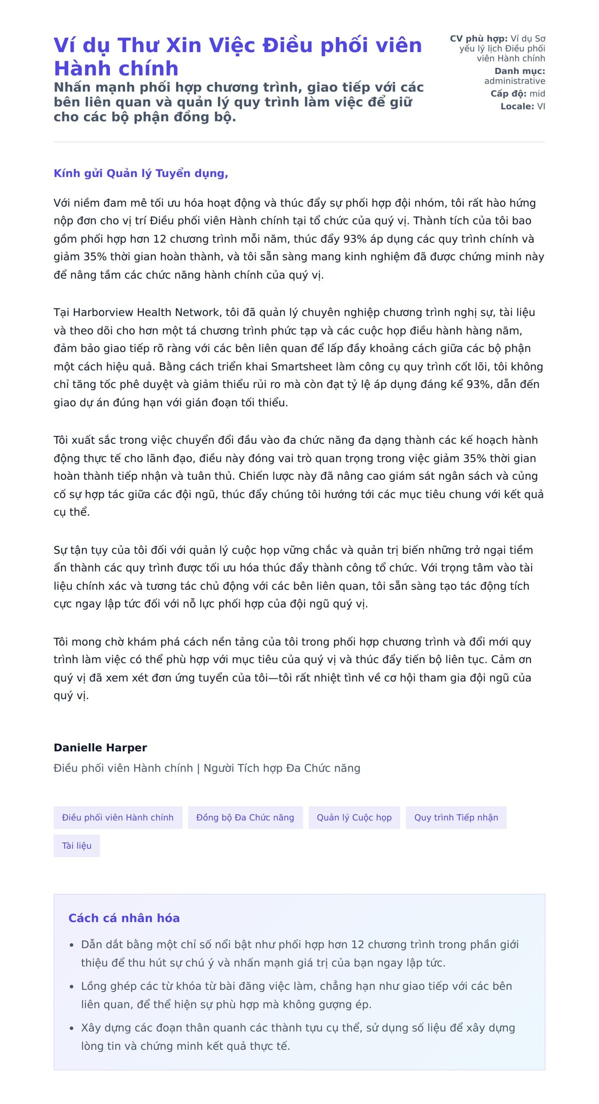 Bản xem trước thư xin việc cho Ví dụ Thư Xin Việc Điều phối viên Hành chính