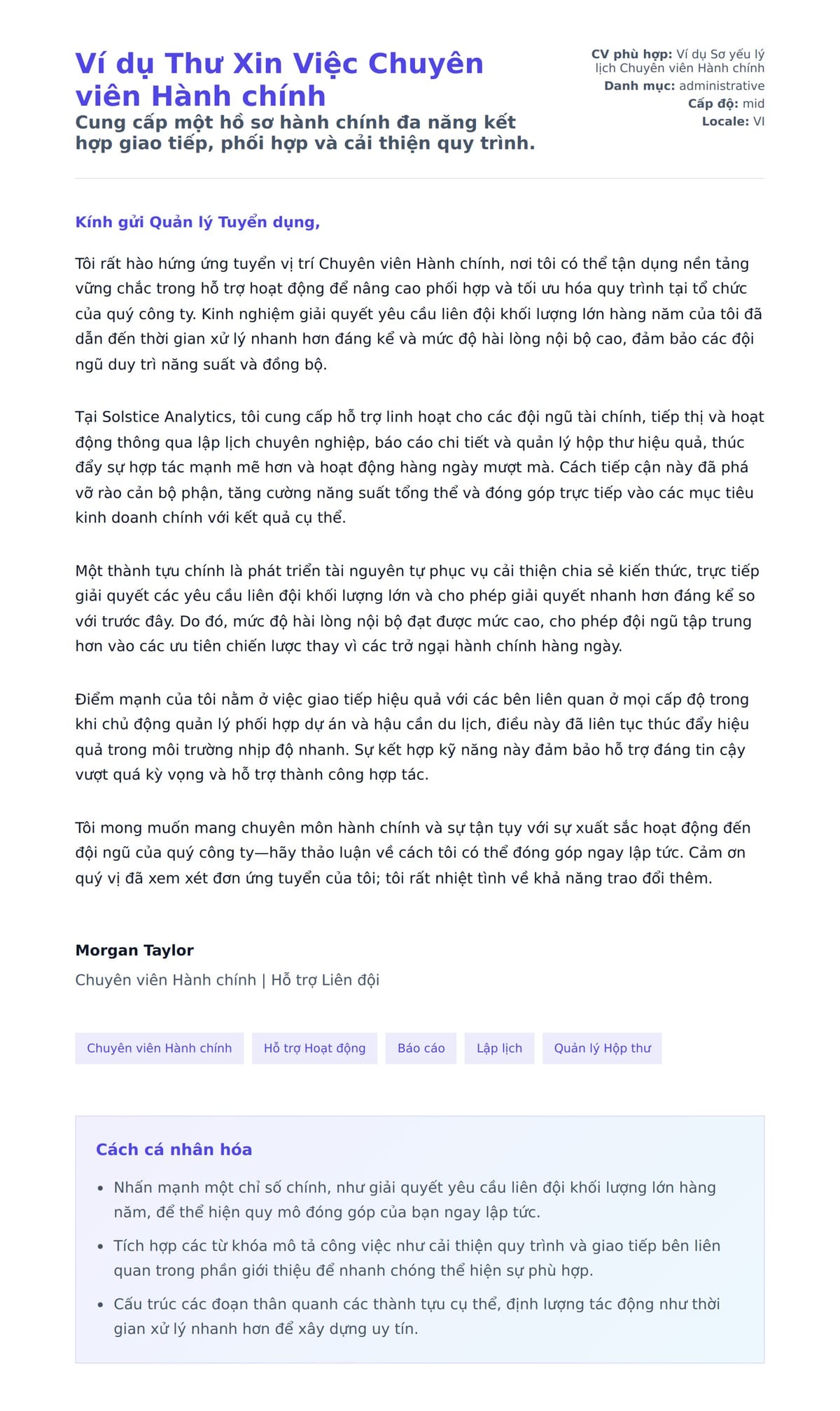 Bản xem trước thư xin việc cho Ví dụ Thư Xin Việc Chuyên viên Hành chính