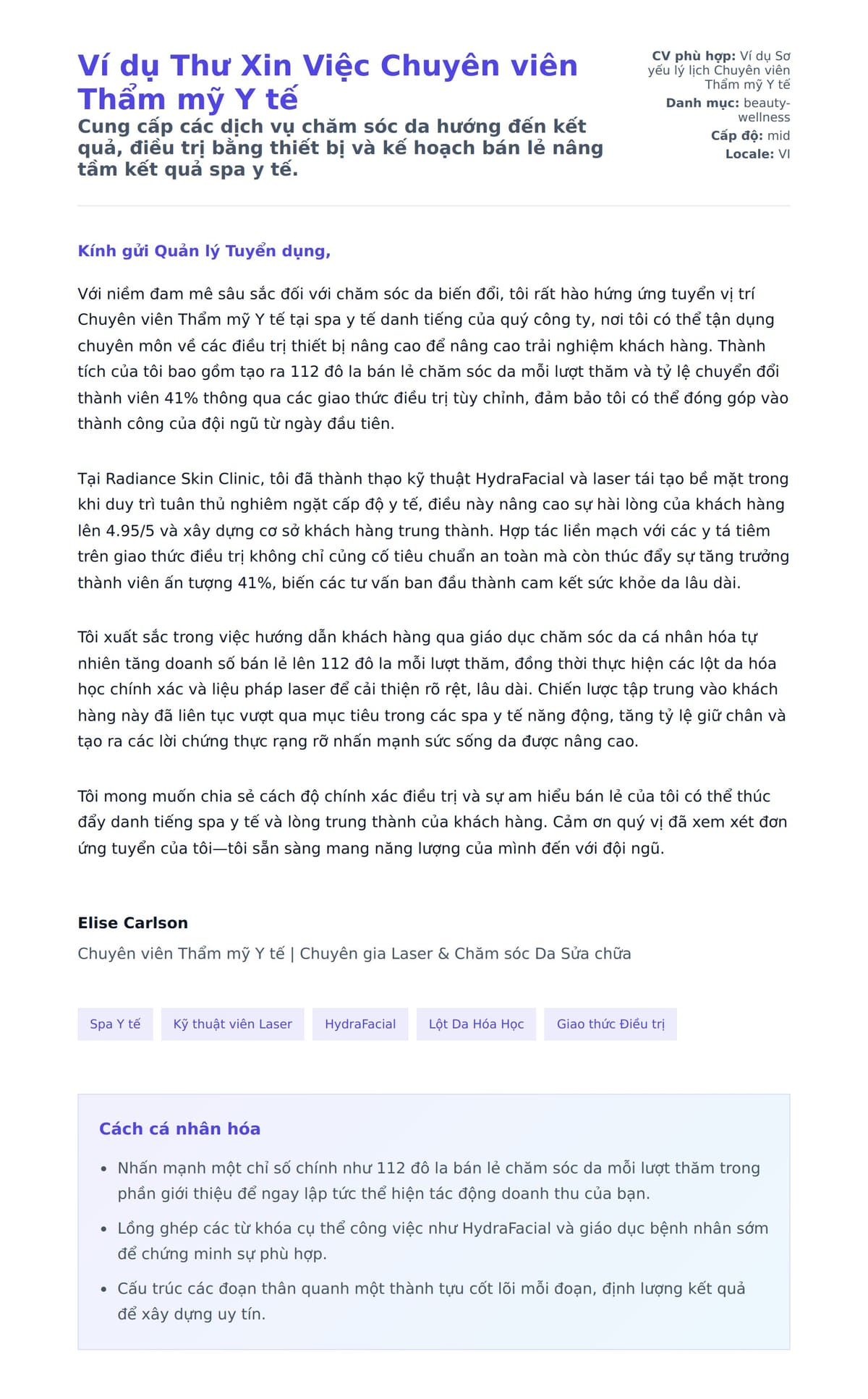 Bản xem trước thư xin việc cho Ví dụ Thư Xin Việc Chuyên viên Thẩm mỹ Y tế