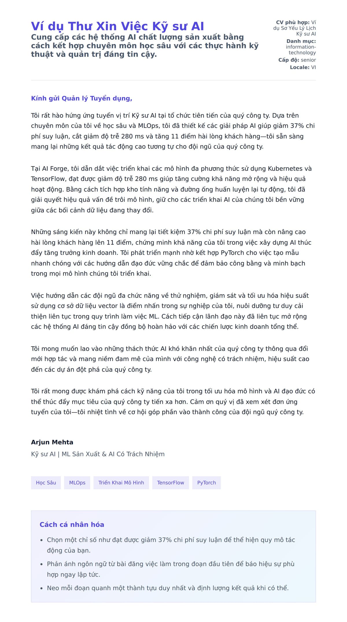 Bản xem trước thư xin việc cho Ví dụ Thư Xin Việc Kỹ sư AI