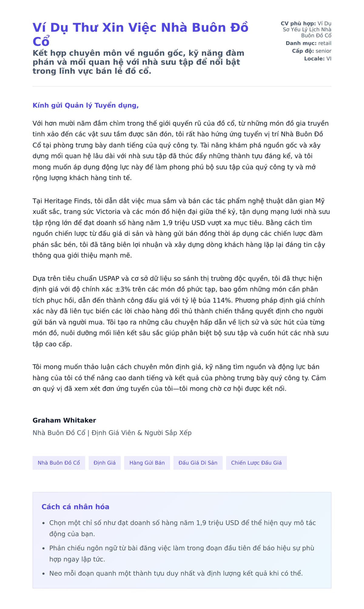 Bản xem trước thư xin việc cho Ví Dụ Thư Xin Việc Nhà Buôn Đồ Cổ