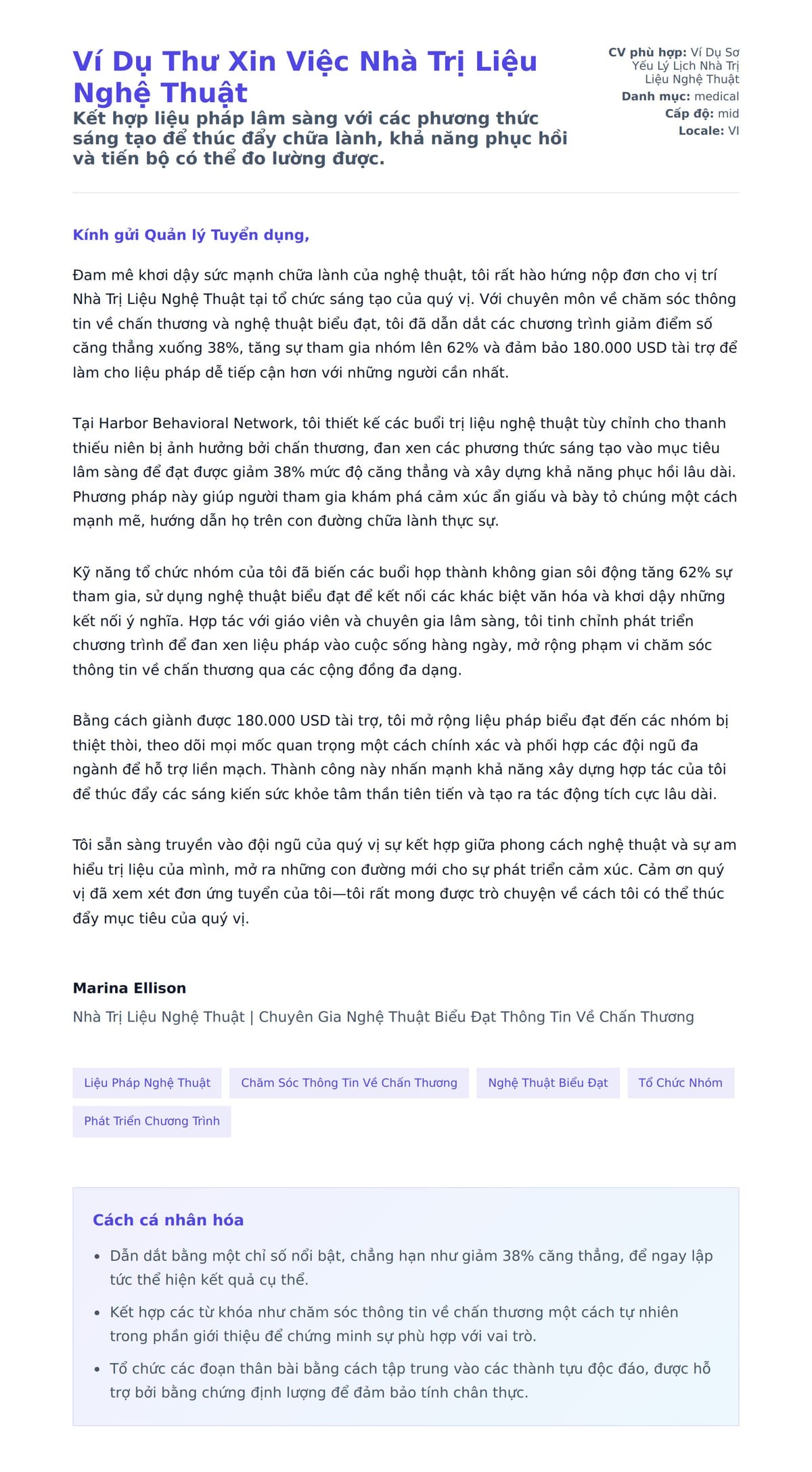 Bản xem trước thư xin việc cho Ví Dụ Thư Xin Việc Nhà Trị Liệu Nghệ Thuật