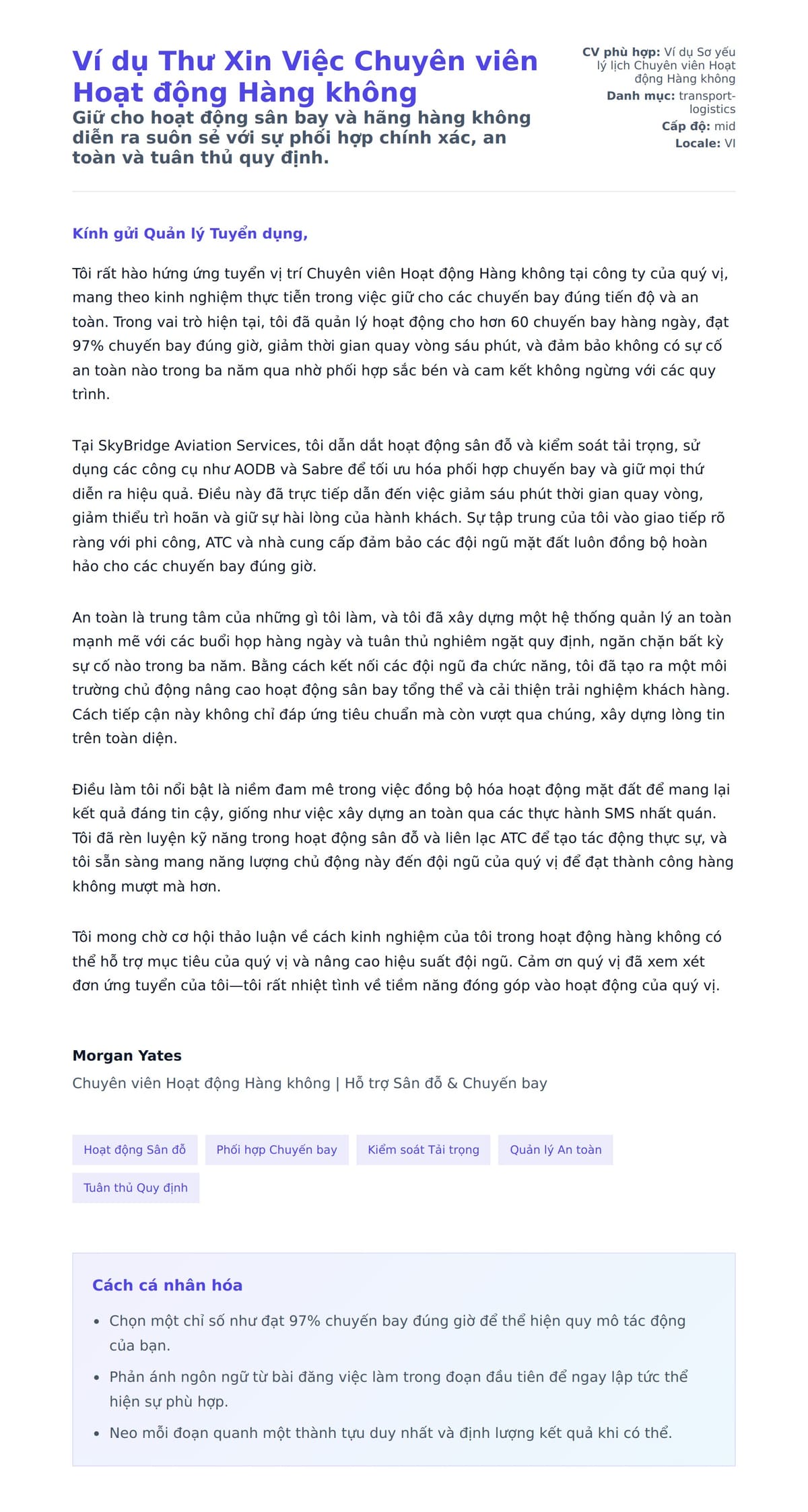 Bản xem trước thư xin việc cho Ví dụ Thư Xin Việc Chuyên viên Hoạt động Hàng không