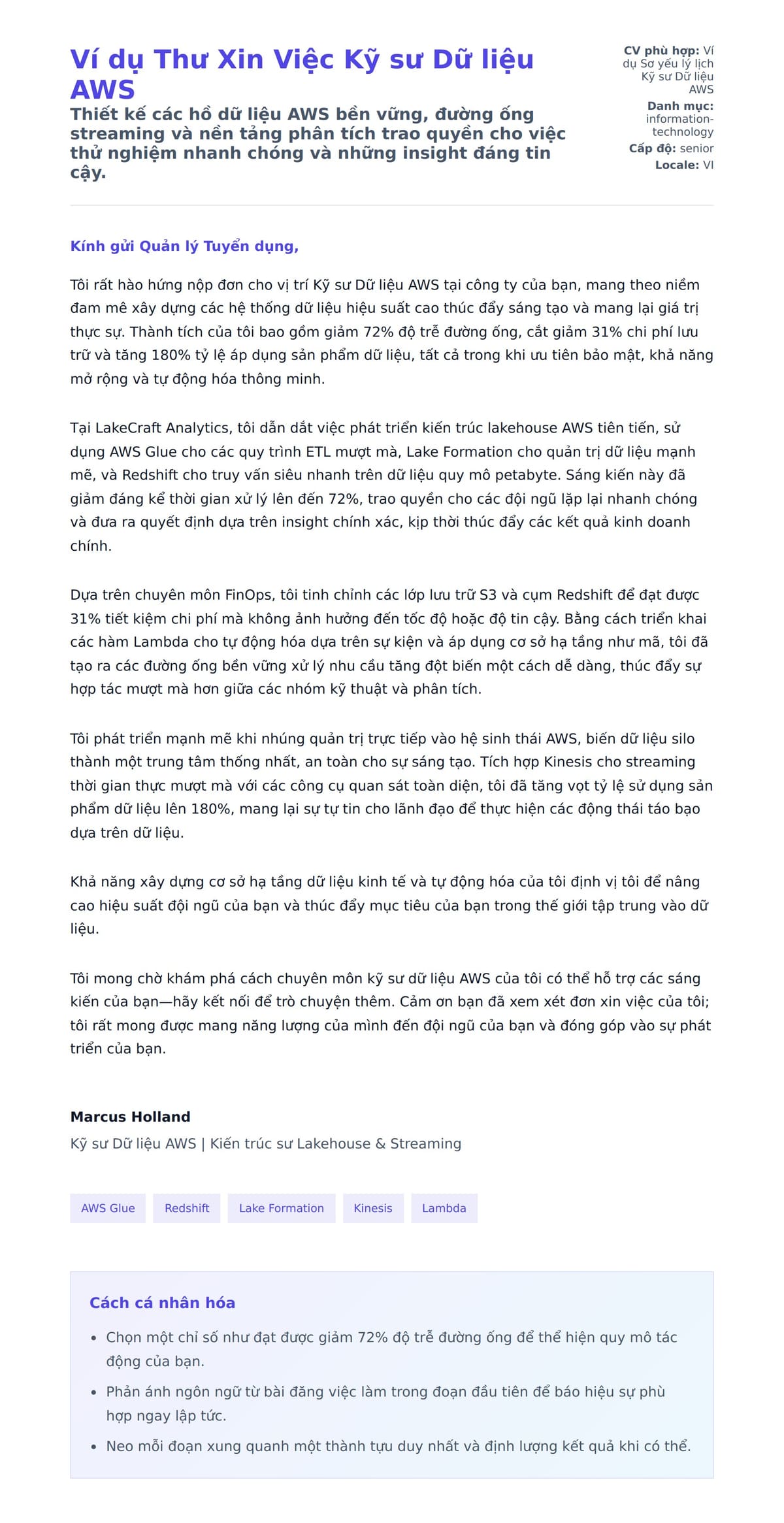 Bản xem trước thư xin việc cho Ví dụ Thư Xin Việc Kỹ sư Dữ liệu AWS