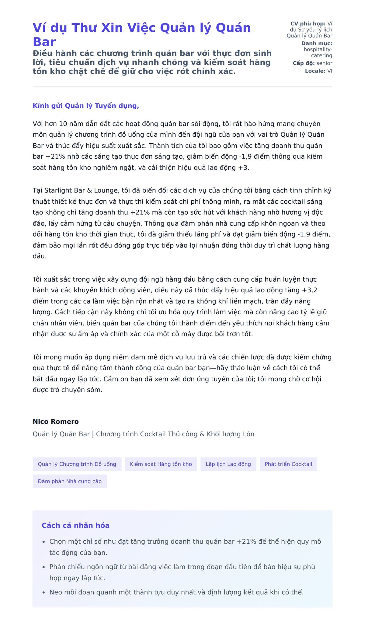 Bản xem trước thư xin việc cho Ví dụ Thư Xin Việc Quản lý Quán Bar