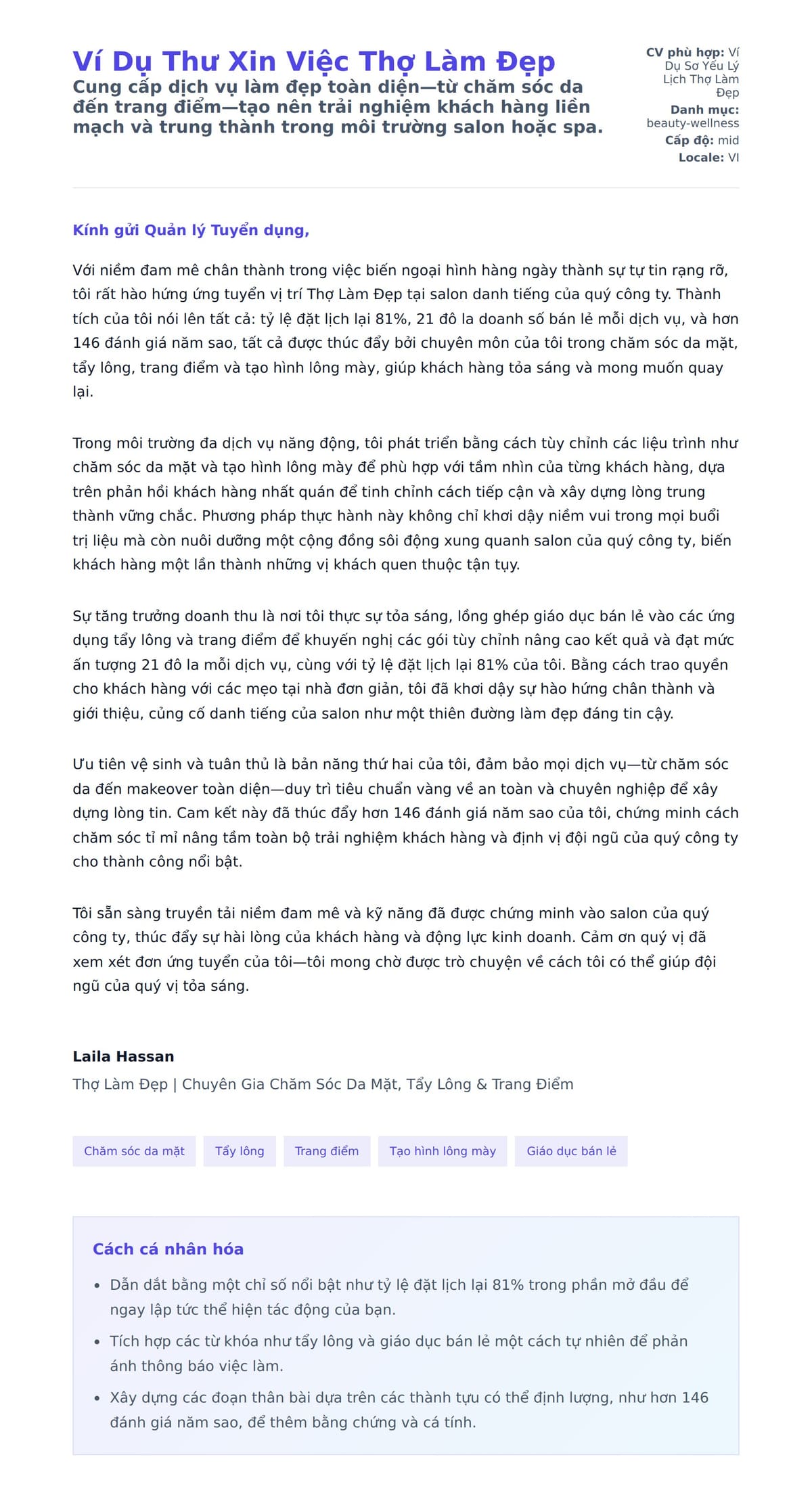 Bản xem trước thư xin việc cho Ví Dụ Thư Xin Việc Thợ Làm Đẹp