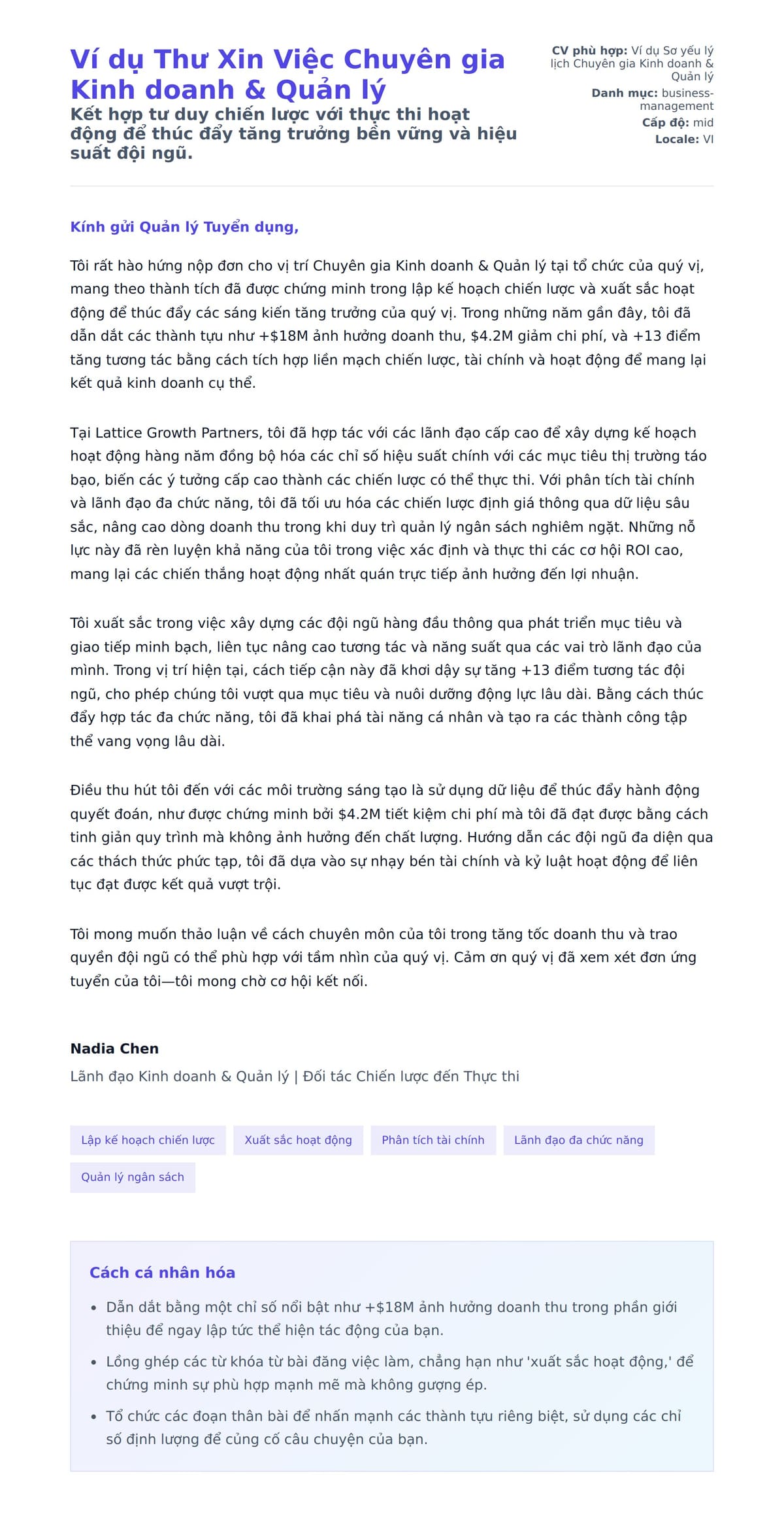Bản xem trước thư xin việc cho Ví dụ Thư Xin Việc Chuyên gia Kinh doanh & Quản lý